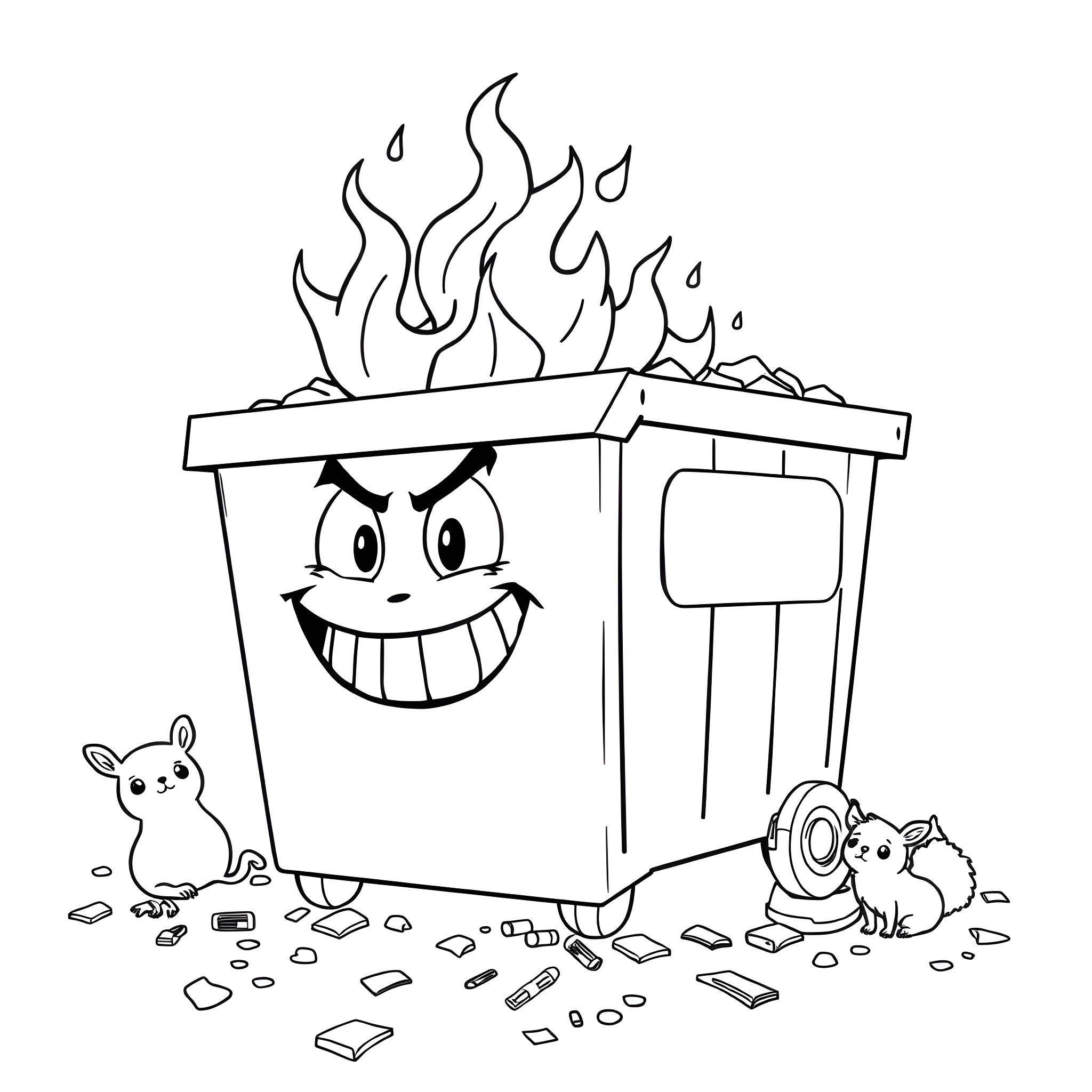 Garbage Dumpster with Smiling Face and Garbage Creatures Coloring Page (free black-and-white line drawing printable PDF for all, from beginners to advanced learners, including children, teens, adults, and seniors)