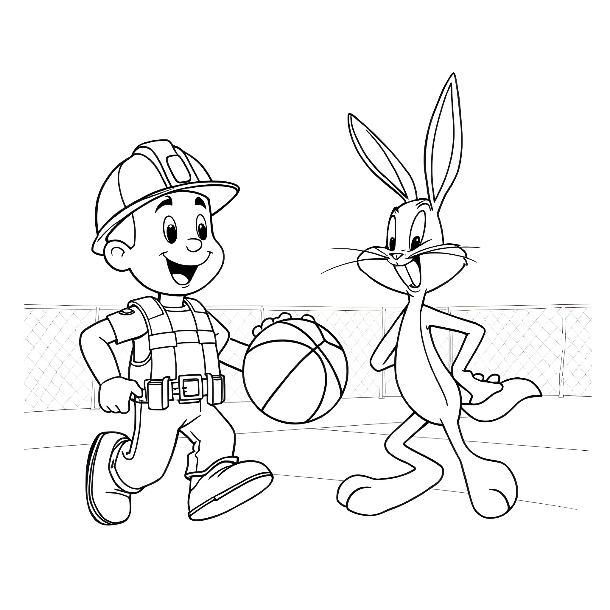Bob the Builder playing with Bugs Bunny on the construction site Coloring Page (free black-and-white line drawing printable PDF for all, from beginners to advanced learners, including children, teens, adults, and seniors)