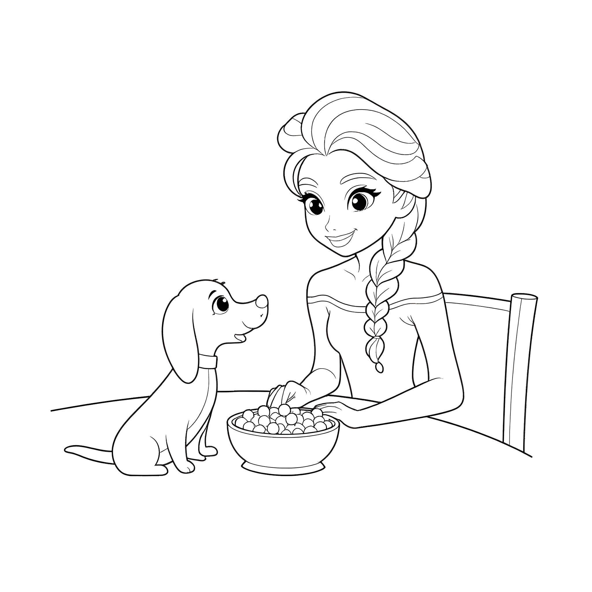 Elsa sharing a bowl of treats with her puppy friend Coloring Page (free black-and-white line drawing printable PDF for all, from beginners to advanced learners, including children, teens, adults, and seniors)