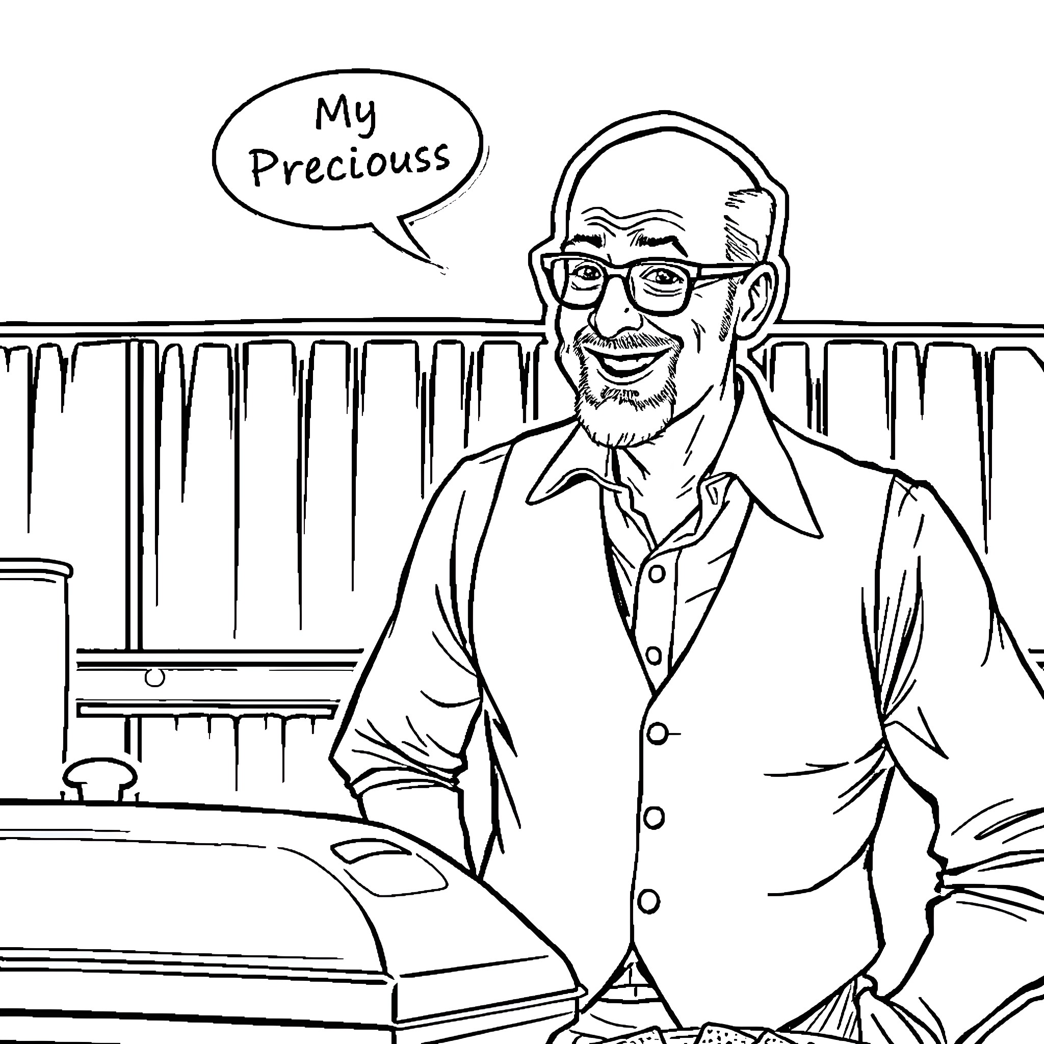 Gene Hackman playing a quirky character with a speech bubble Coloring Page (free black-and-white line drawing printable PDF for all, from beginners to advanced learners, including children, teens, adults, and seniors)