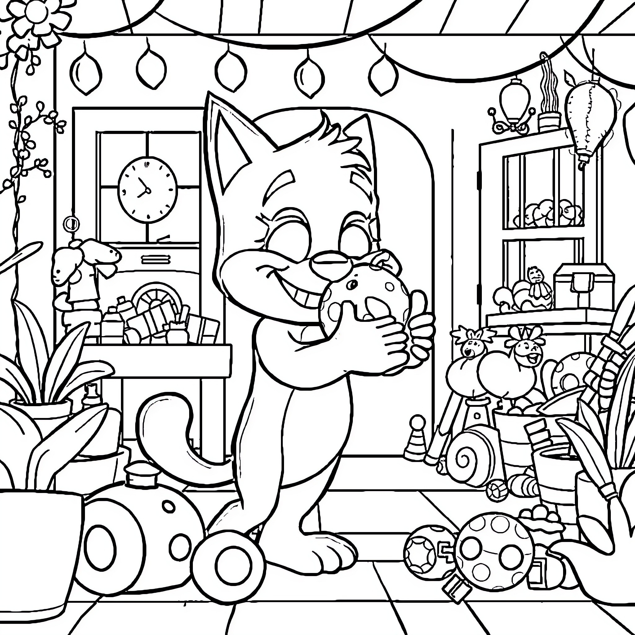Bluey playing with toys and exploring home Coloring Page (free black-and-white line drawing printable PDF for all, from beginners to advanced learners, including children, teens, adults, and seniors)