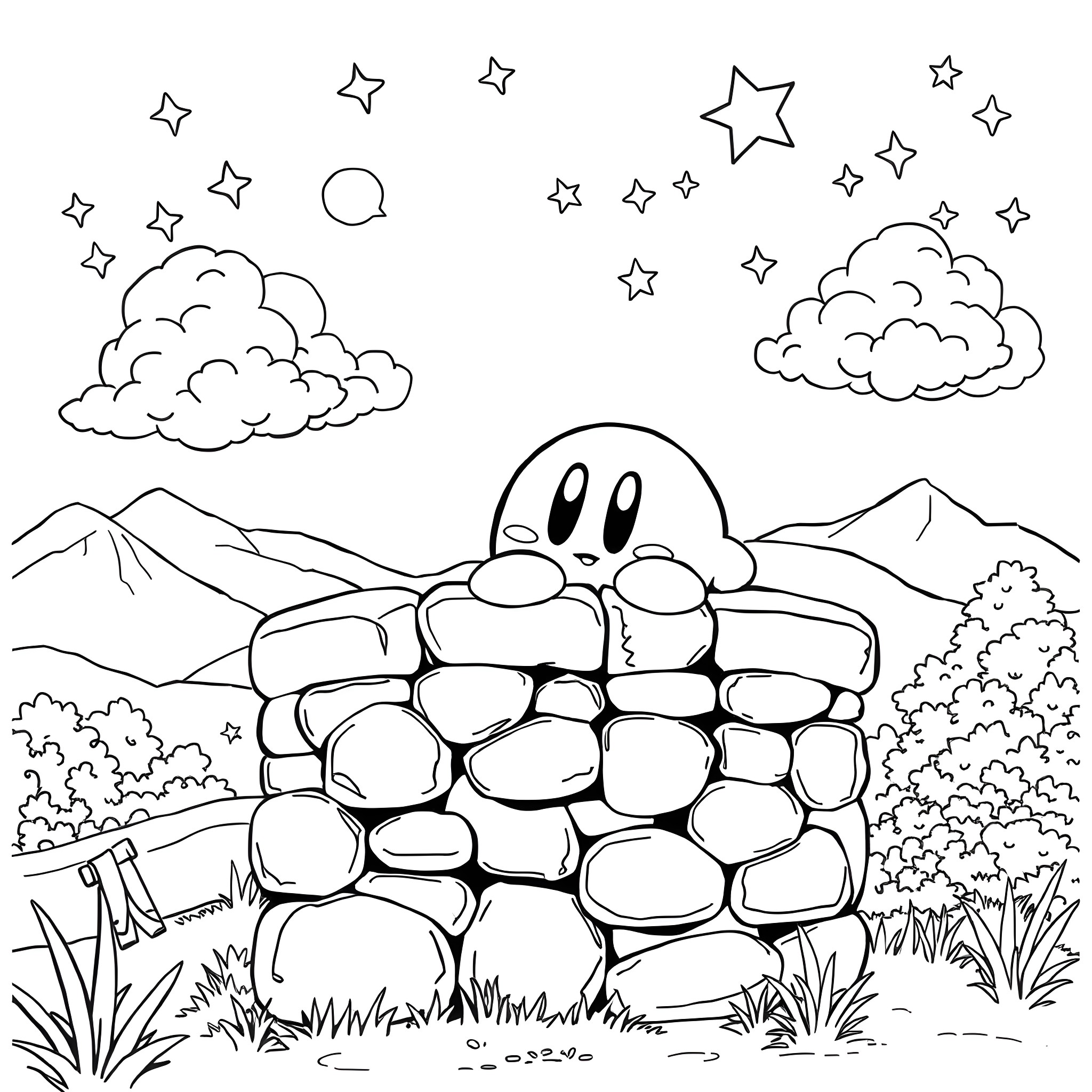 Kirby relaxing behind a stone wall in a peaceful landscape Coloring Page (free black-and-white line drawing printable PDF for all, from beginners to advanced learners, including children, teens, adults, and seniors)