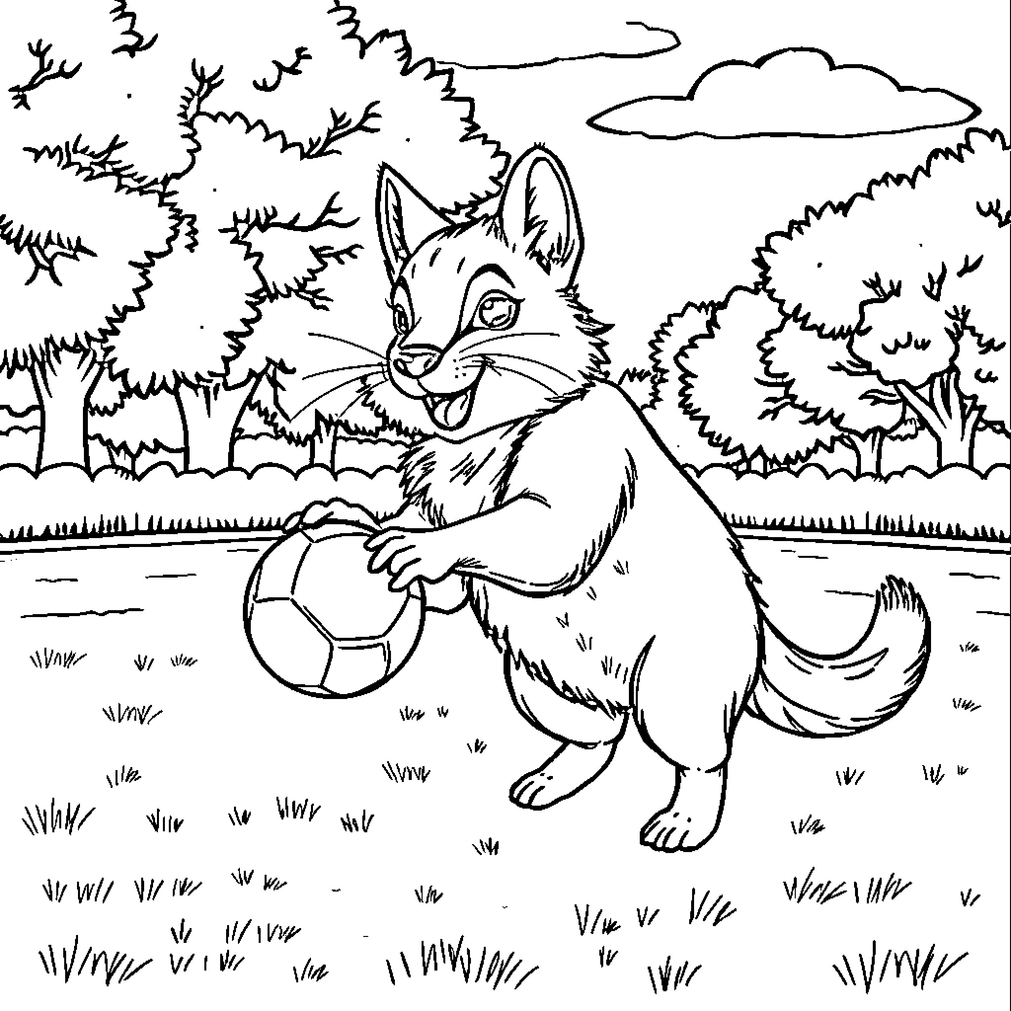 Dog playing with ball in forest landscape Coloring Page (free black-and-white line drawing printable PDF for all, from beginners to advanced learners, including children, teens, adults, and seniors)