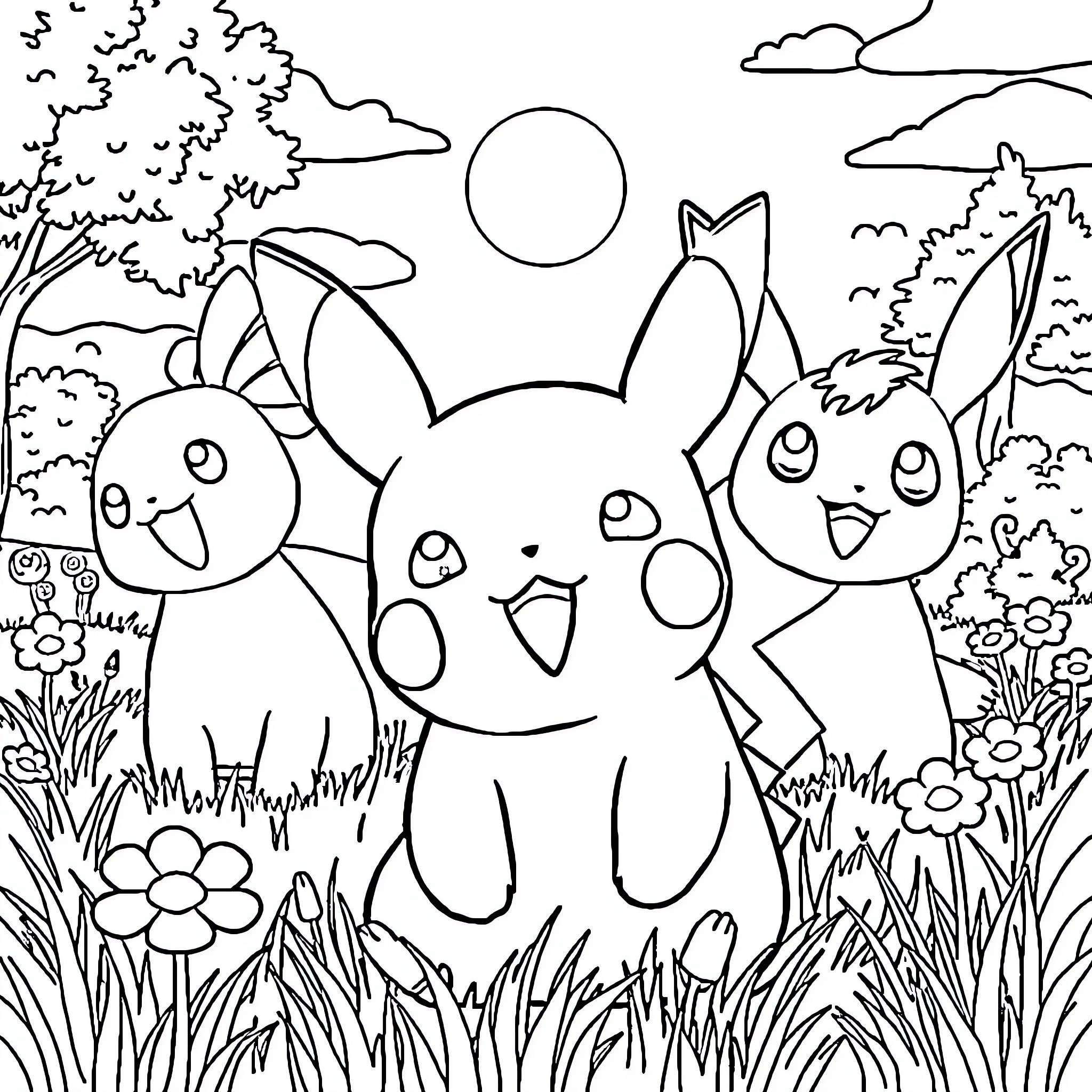 Pikachu and friends frolicking in the meadow Coloring Page (free black-and-white line drawing printable PDF for all, from beginners to advanced learners, including children, teens, adults, and seniors)