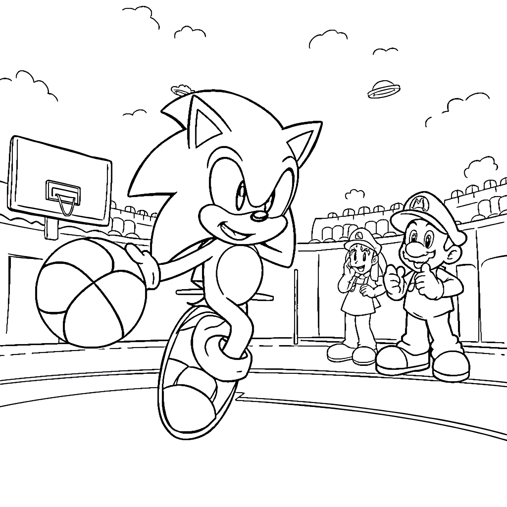Sonic playing in the park with friends Coloring Page (free black-and-white line drawing printable PDF for all, from beginners to advanced learners, including children, teens, adults, and seniors)