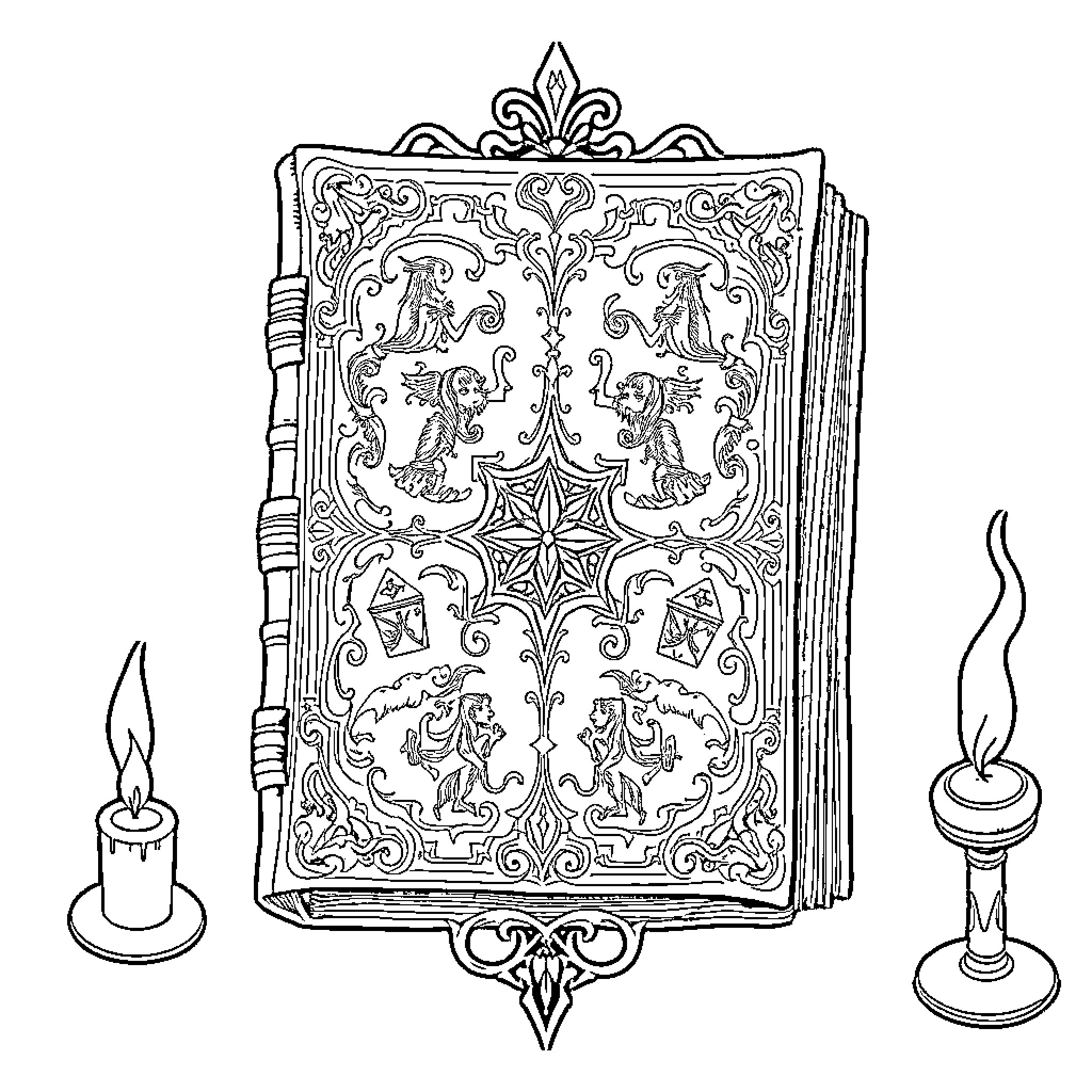 Book of Mystical Illustrations with Candles Coloring Page (free black-and-white line drawing printable PDF for all, from beginners to advanced learners, including children, teens, adults, and seniors)