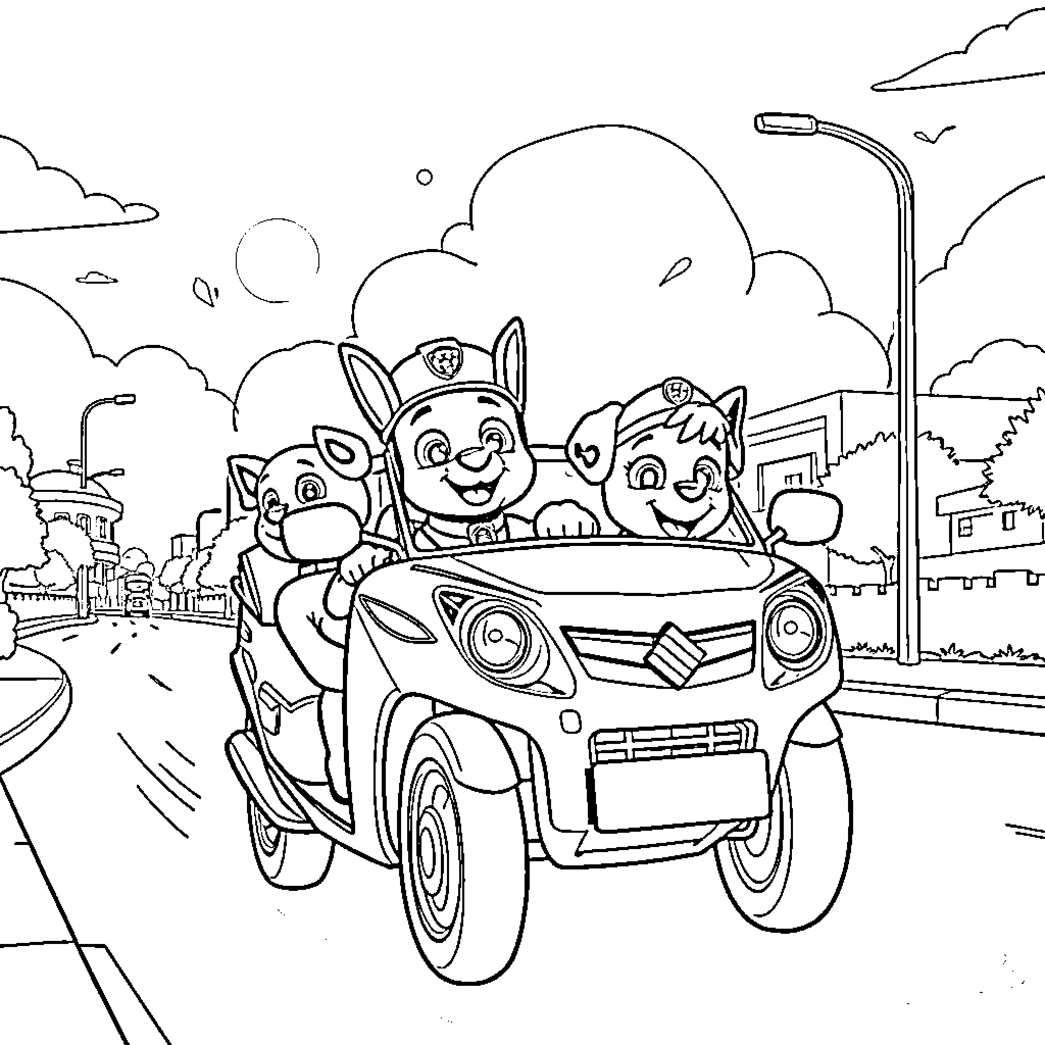 Paw Patrol Characters on a Fun Road Trip Coloring Page (free black-and-white line drawing printable PDF for all, from beginners to advanced learners, including children, teens, adults, and seniors)