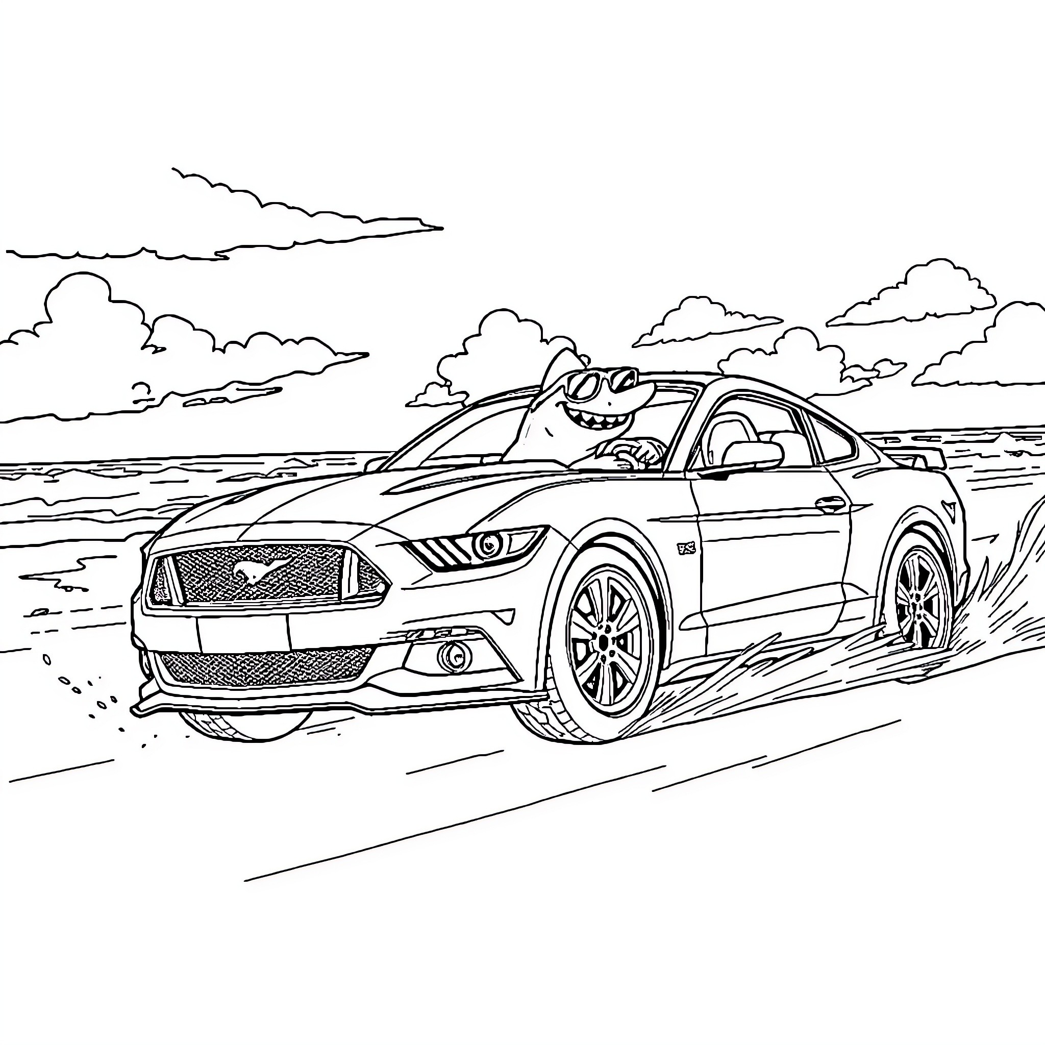 Ford Mustang driving happily on the open road Coloring Page (free black-and-white line drawing printable PDF for all, from beginners to advanced learners, including children, teens, adults, and seniors)
