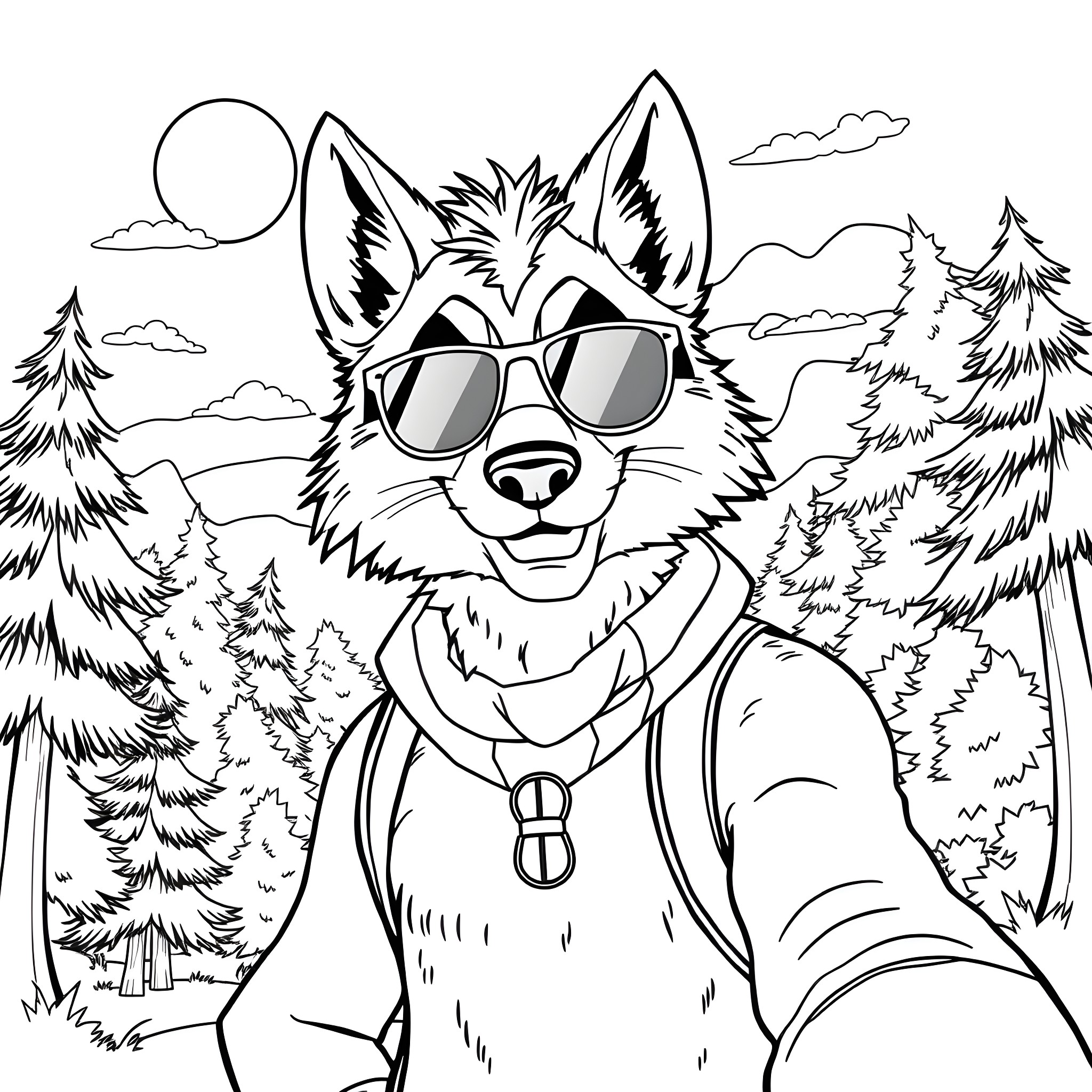 Wolf taking a selfie in the wilderness Coloring Page (free black-and-white line drawing printable PDF for all, from beginners to advanced learners, including children, teens, adults, and seniors)