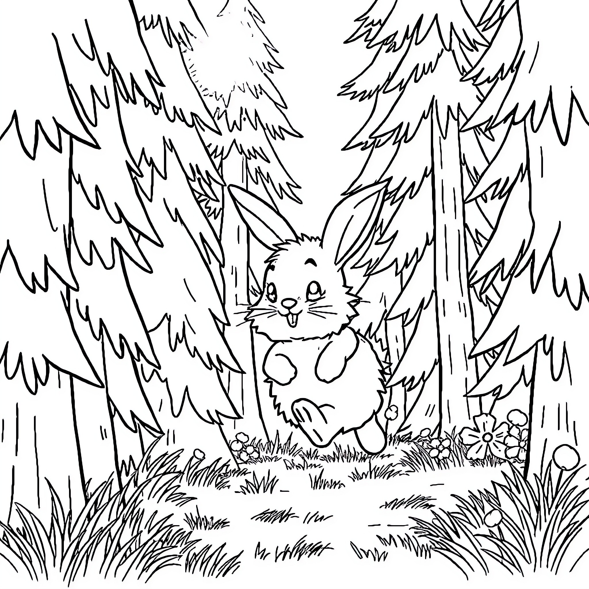 Bunny hiding in the forest Coloring Page (free black-and-white line drawing printable PDF for all, from beginners to advanced learners, including children, teens, adults, and seniors)