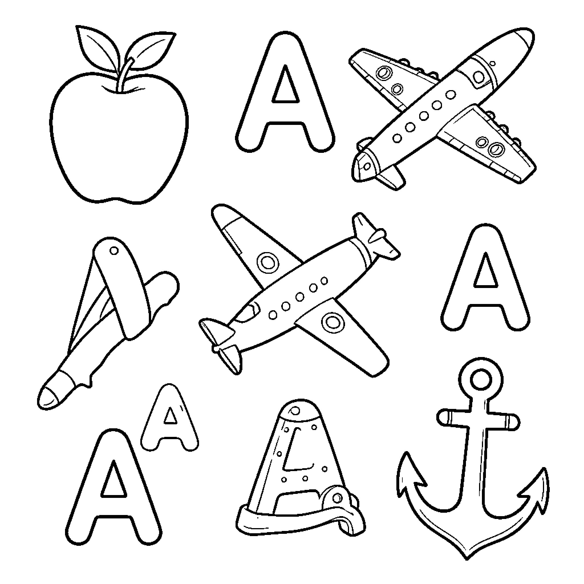 A collection of simple outlined objects Coloring Page (free black-and-white line drawing printable PDF for all, from beginners to advanced learners, including children, teens, adults, and seniors)