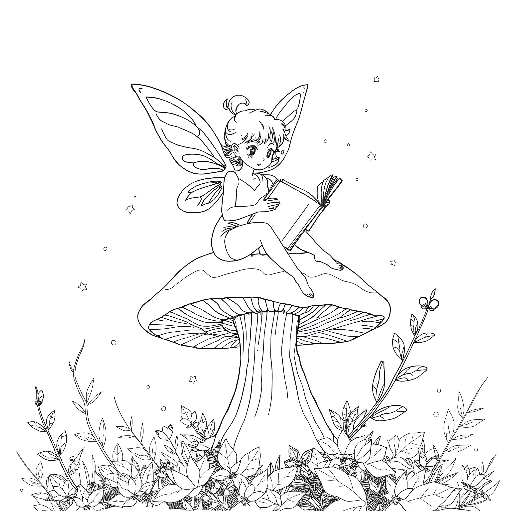 Fairy reading a book in a magical forest Coloring Page (free black-and-white line drawing printable PDF for all, from beginners to advanced learners, including children, teens, adults, and seniors)