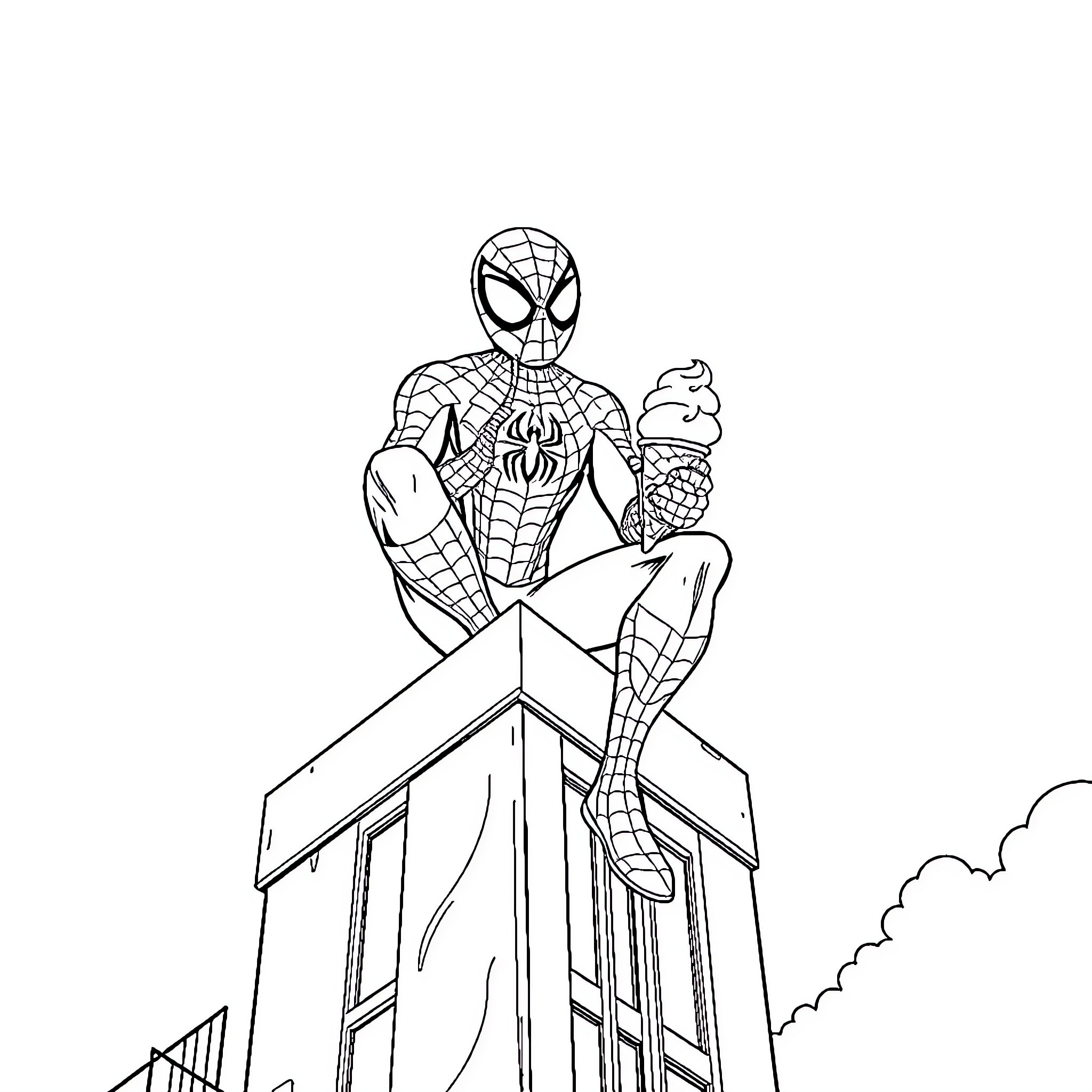 Spider-Man climbing up a building with ice cream Coloring Page (free black-and-white line drawing printable PDF for all, from beginners to advanced learners, including children, teens, adults, and seniors)