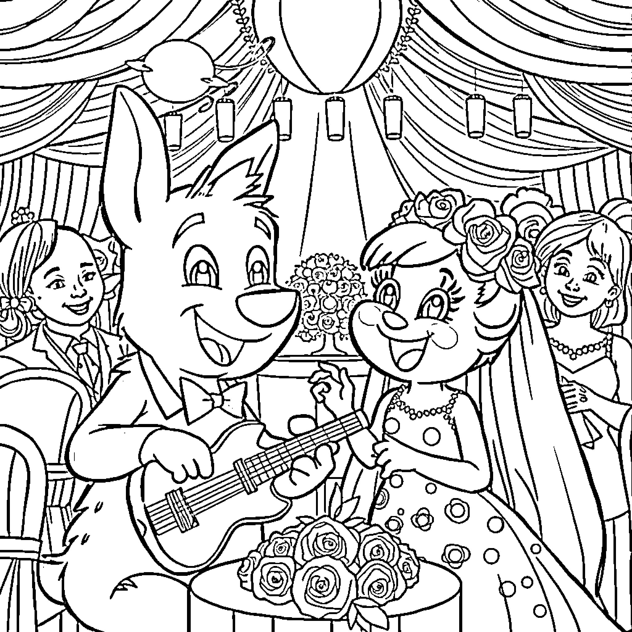 Bluey and Friends Perform at a Theatre Show Coloring Page (free black-and-white line drawing printable PDF for all, from beginners to advanced learners, including children, teens, adults, and seniors)