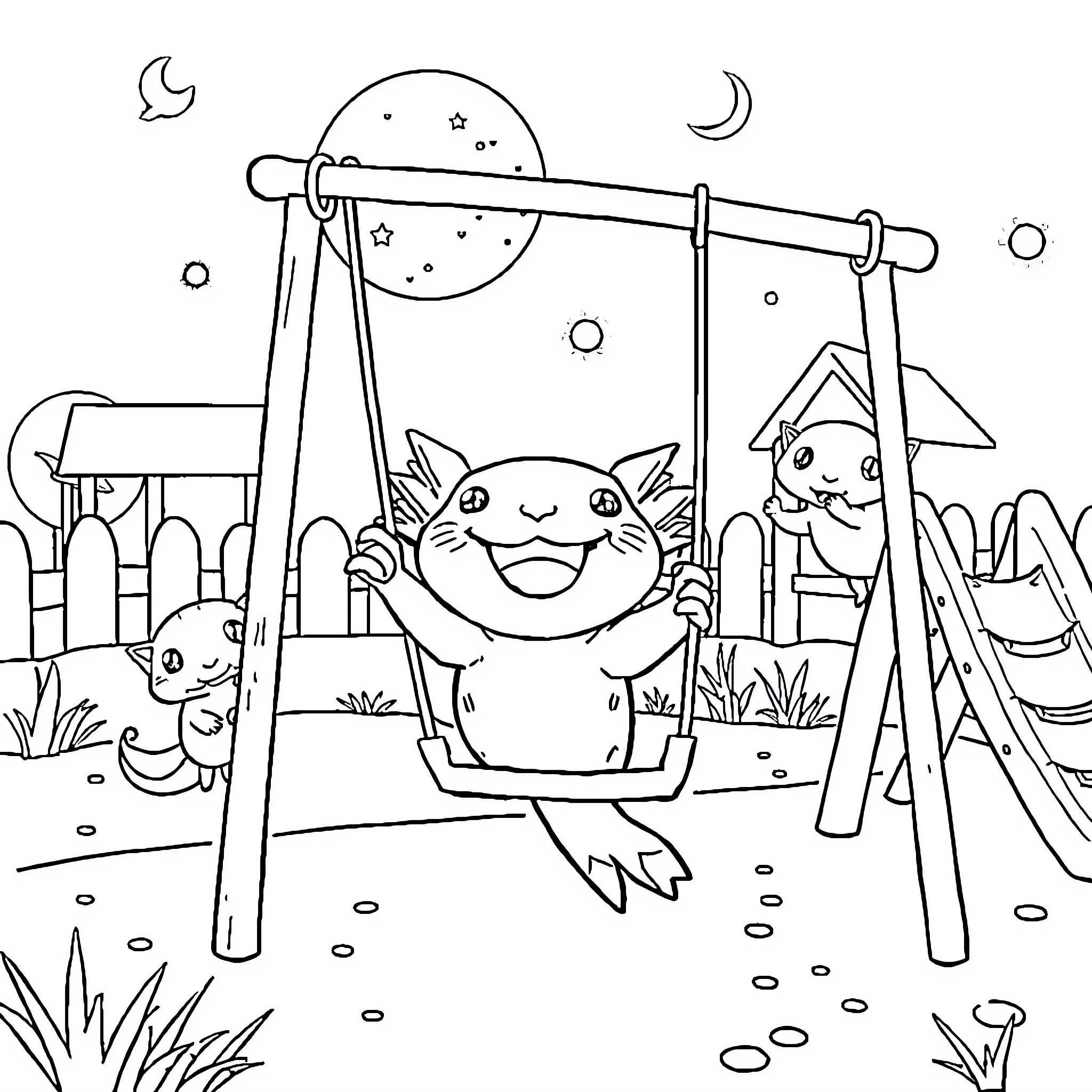 Axolotls playing happily on a swing set Coloring Page (free black-and-white line drawing printable PDF for all, from beginners to advanced learners, including children, teens, adults, and seniors)