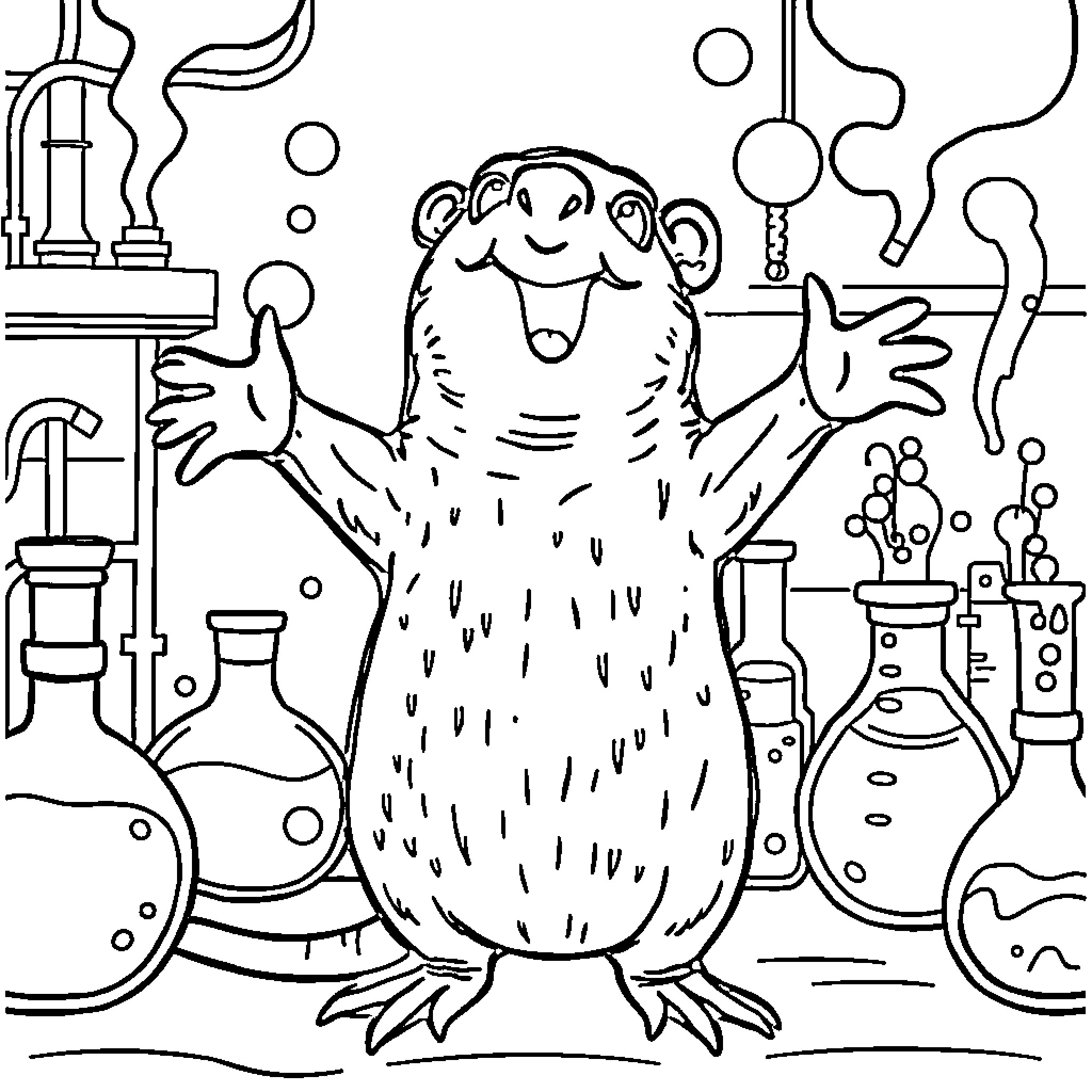 Mole cheerfully experimenting in a laboratory Coloring Page (free black-and-white line drawing printable PDF for all, from beginners to advanced learners, including children, teens, adults, and seniors)