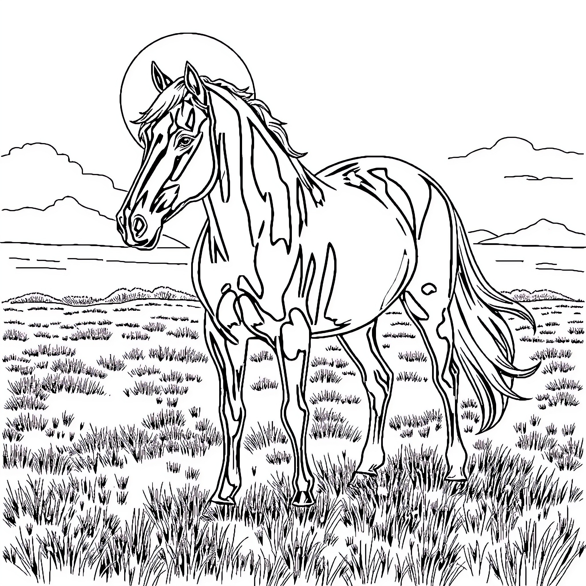 Horse standing majestically in a grassy field Coloring Page (free black-and-white line drawing printable PDF for all, from beginners to advanced learners, including children, teens, adults, and seniors)
