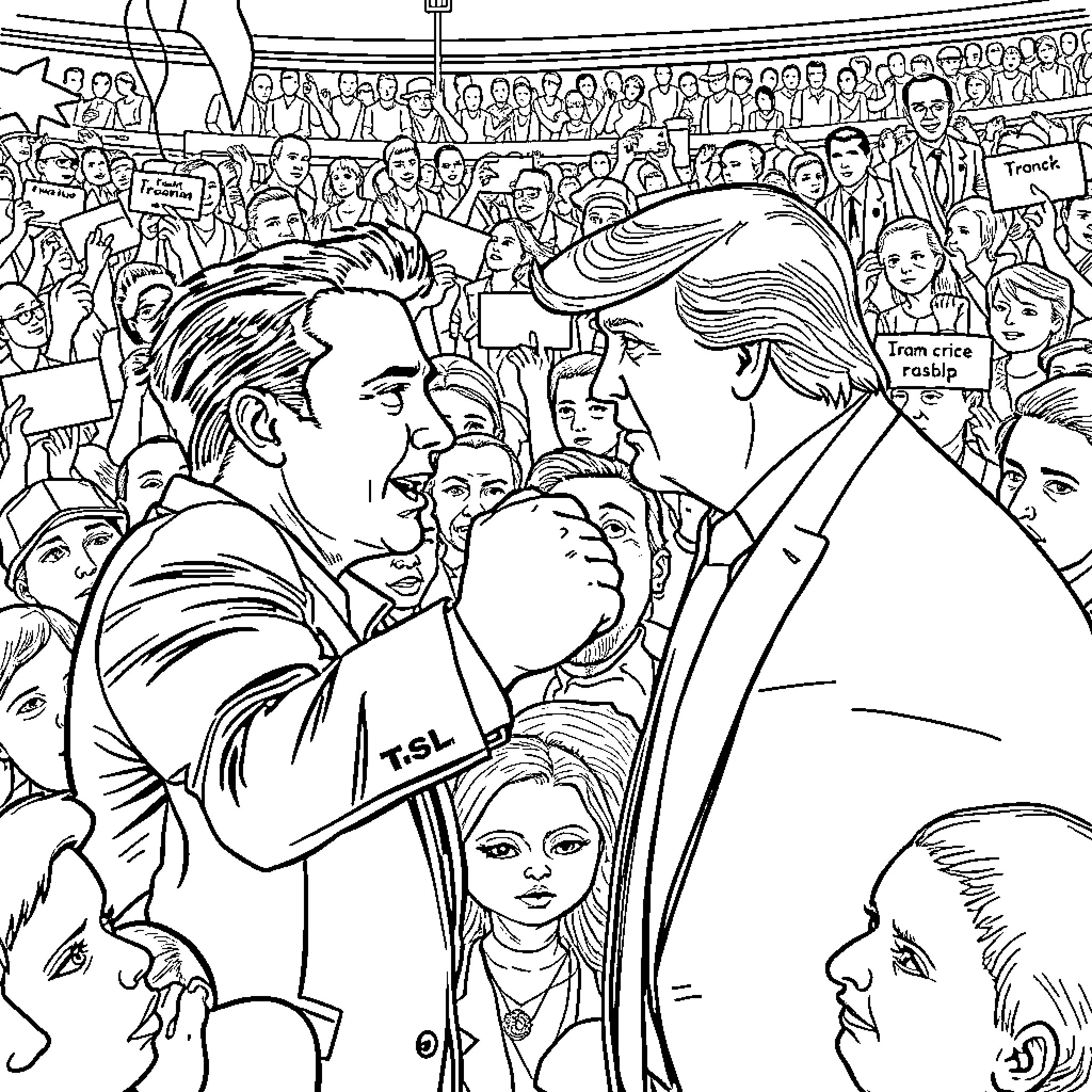 Elon and the Crowds at a Political Rally Coloring Page (free black-and-white line drawing printable PDF for all, from beginners to advanced learners, including children, teens, adults, and seniors)