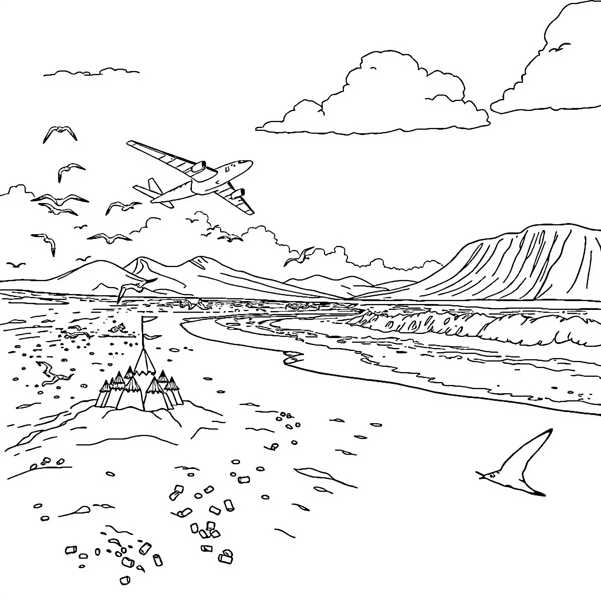 Beach scenery with airplane and wildlife Coloring Page (free black-and-white line drawing printable PDF for all, from beginners to advanced learners, including children, teens, adults, and seniors)