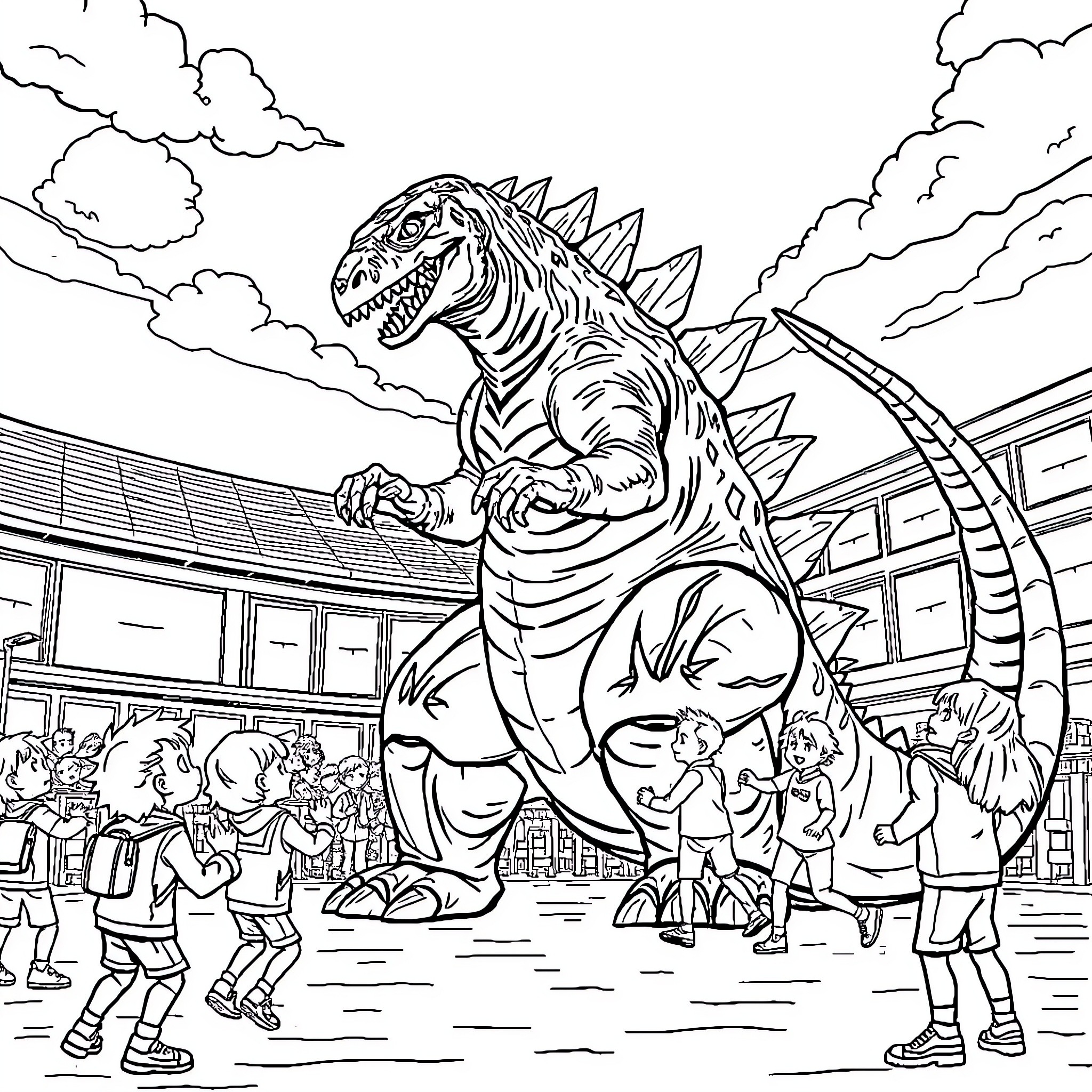 Godzilla attacking a city with terrified citizens Coloring Page (free black-and-white line drawing printable PDF for all, from beginners to advanced learners, including children, teens, adults, and seniors)