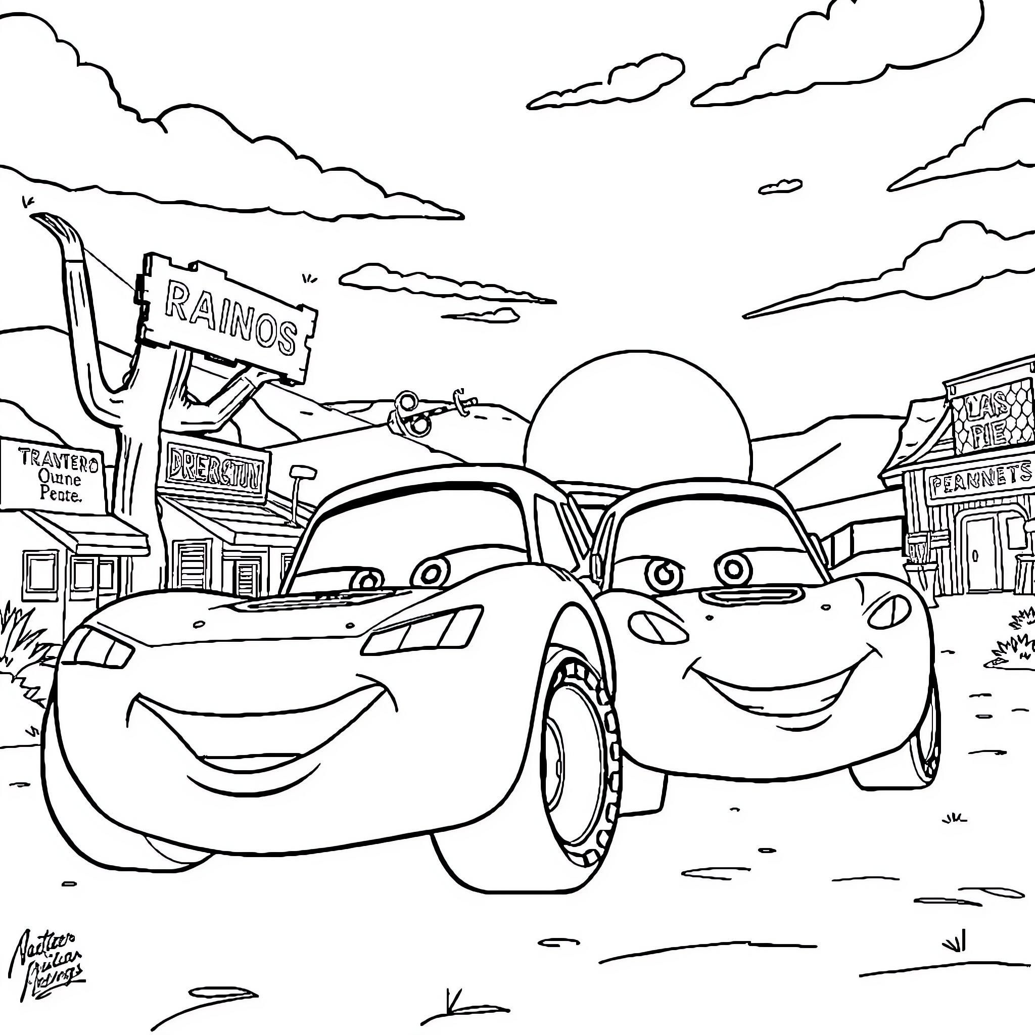 Rayo McQueen and friends in a town scene Coloring Page (free black-and-white line drawing printable PDF for all, from beginners to advanced learners, including children, teens, adults, and seniors)
