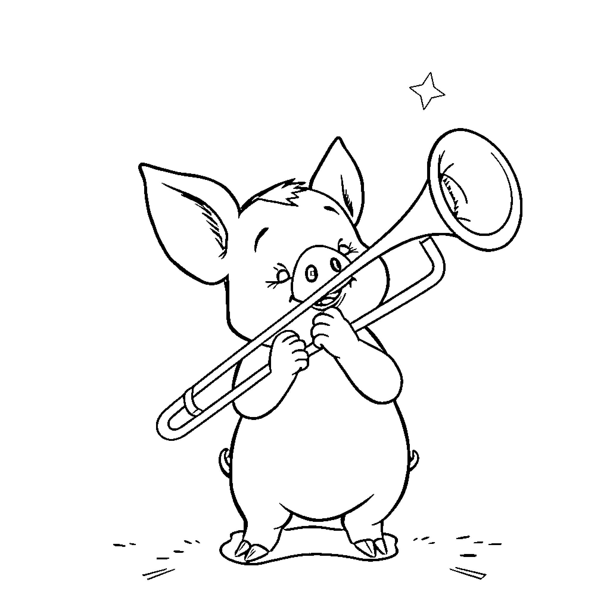 Piglet playing trumpet cheerfully Coloring Page (free black-and-white line drawing printable PDF for all, from beginners to advanced learners, including children, teens, adults, and seniors)