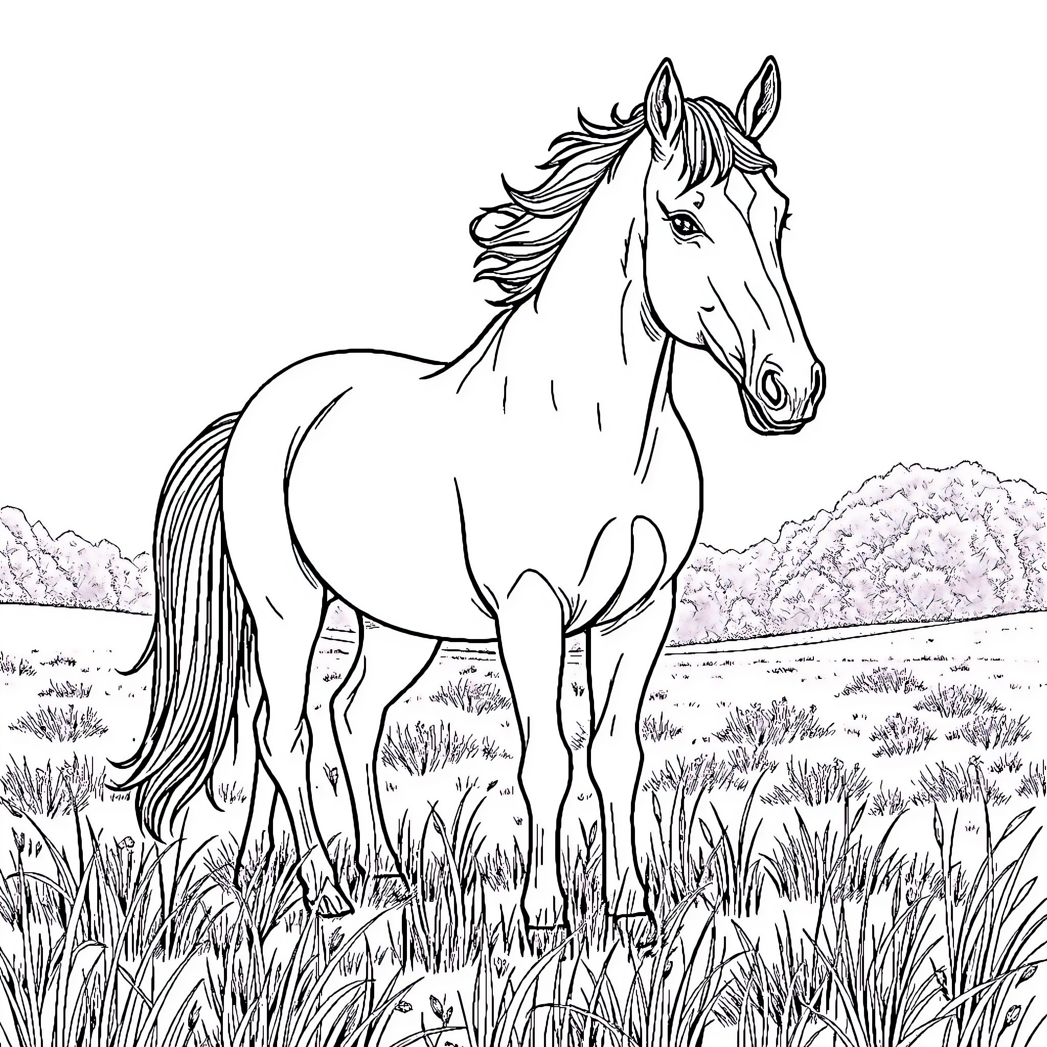 Horse standing proudly in a grassy field Coloring Page (free black-and-white line drawing printable PDF for all, from beginners to advanced learners, including children, teens, adults, and seniors)