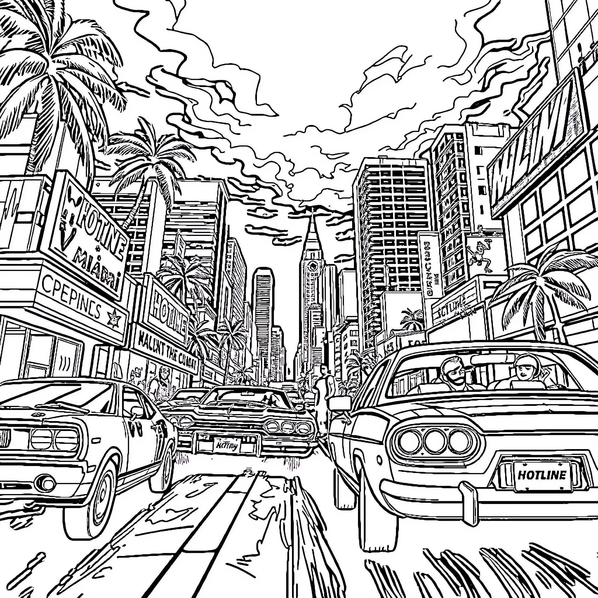 Hotline Miami: Chaotic City Streets Coloring Page (free black-and-white line drawing printable PDF for all, from beginners to advanced learners, including children, teens, adults, and seniors)