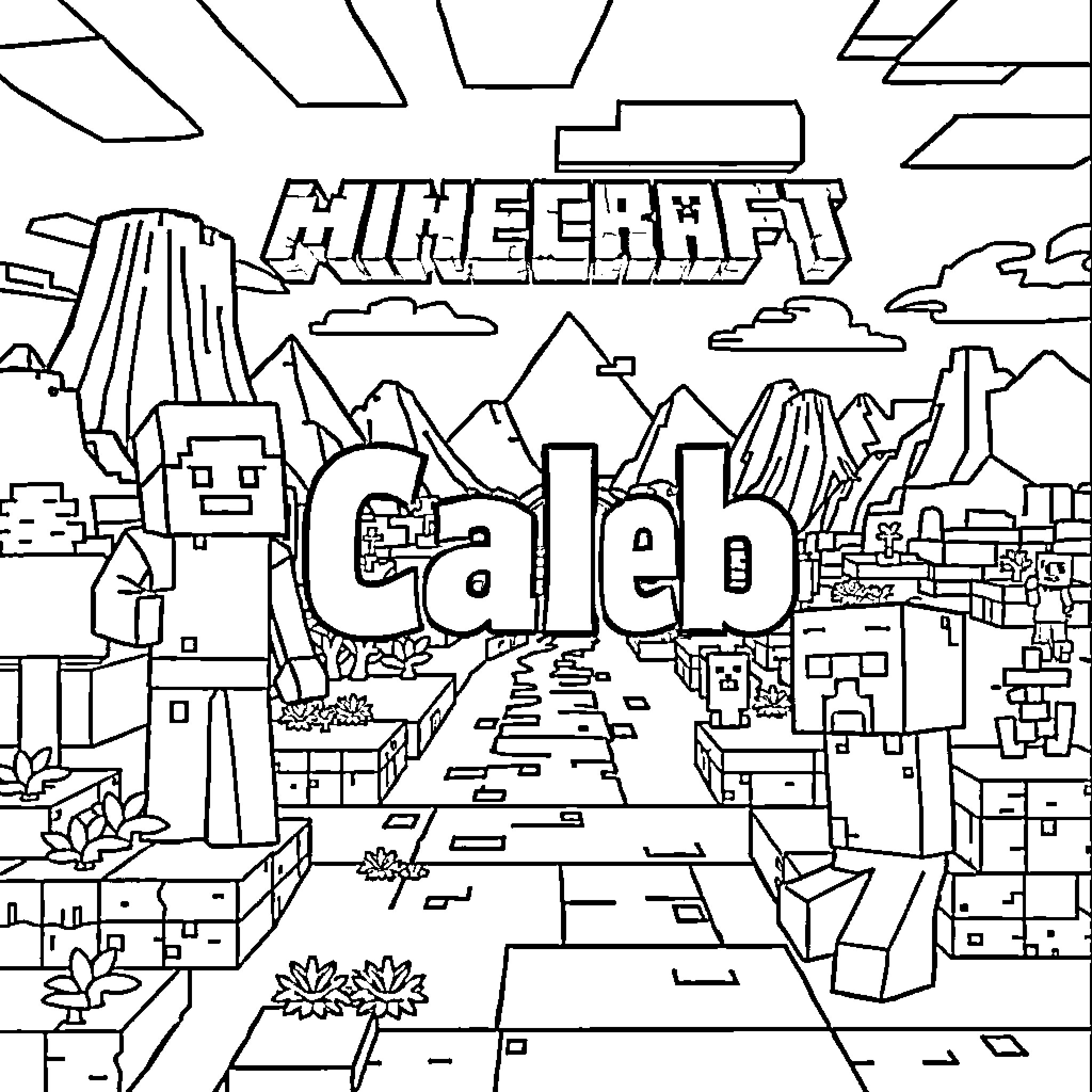 Minecraft Character Exploring Blocky Landscape Coloring Page (free black-and-white line drawing printable PDF for all, from beginners to advanced learners, including children, teens, adults, and seniors)