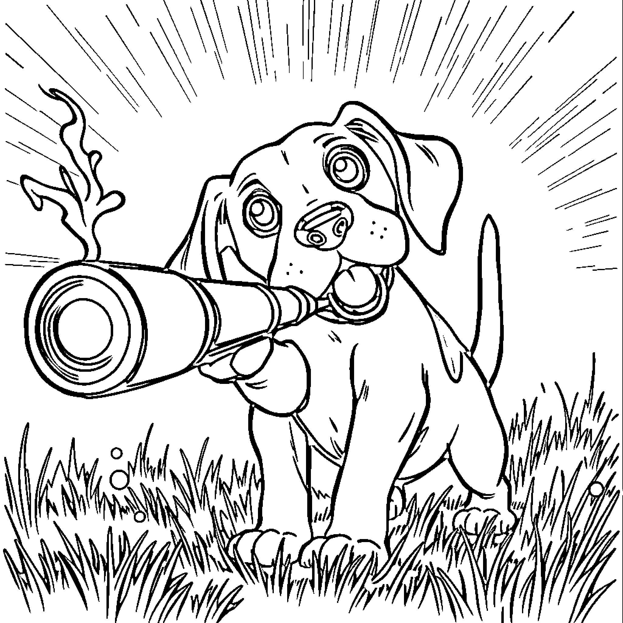 Beagle exploring the wilderness with a magnifying glass Coloring Page (free black-and-white line drawing printable PDF for all, from beginners to advanced learners, including children, teens, adults, and seniors)