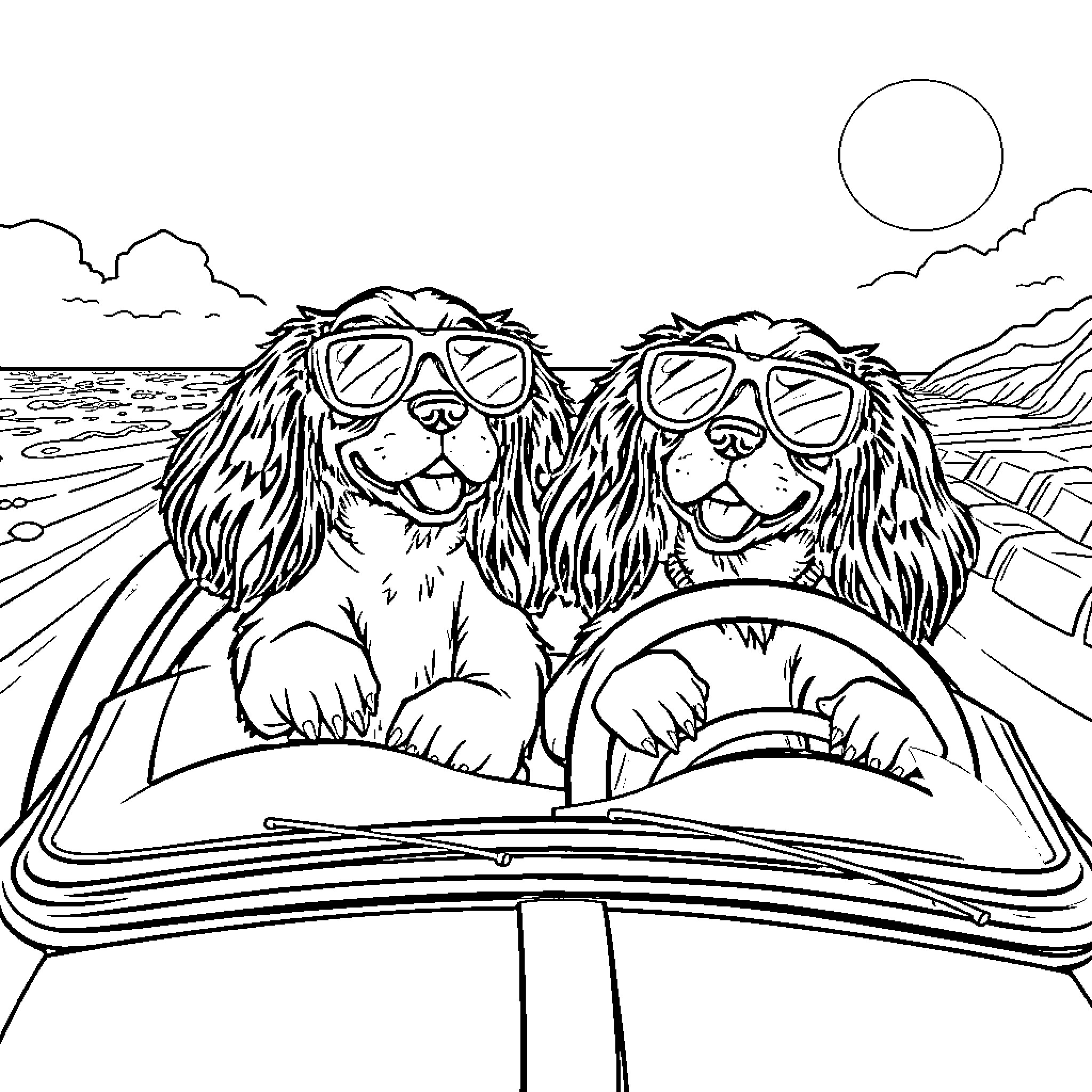 Cavalier King Charles Spaniels enjoying a road trip Coloring Page (free black-and-white line drawing printable PDF for all, from beginners to advanced learners, including children, teens, adults, and seniors)