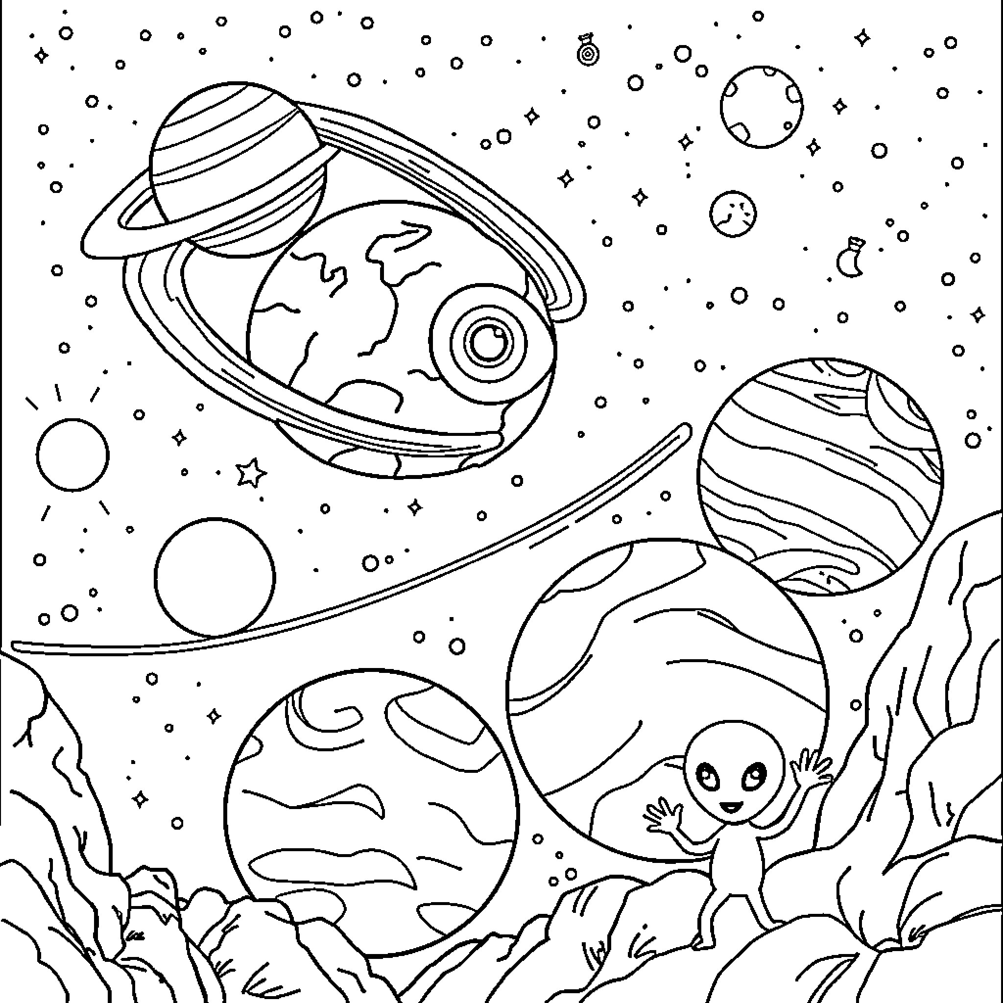 Planet Exploration in the Cosmic Galaxy Coloring Page (free black-and-white line drawing printable PDF for all, from beginners to advanced learners, including children, teens, adults, and seniors)