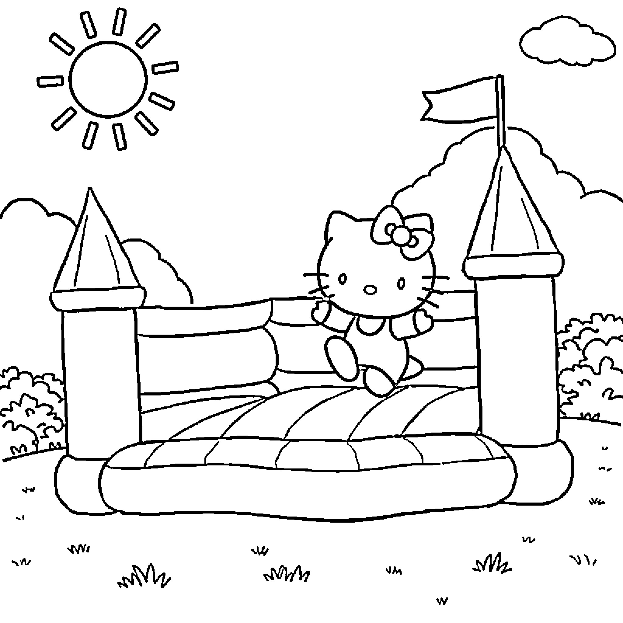 Hello Kitty relaxing in a bouncy castle Coloring Page (free black-and-white line drawing printable PDF for all, from beginners to advanced learners, including children, teens, adults, and seniors)
