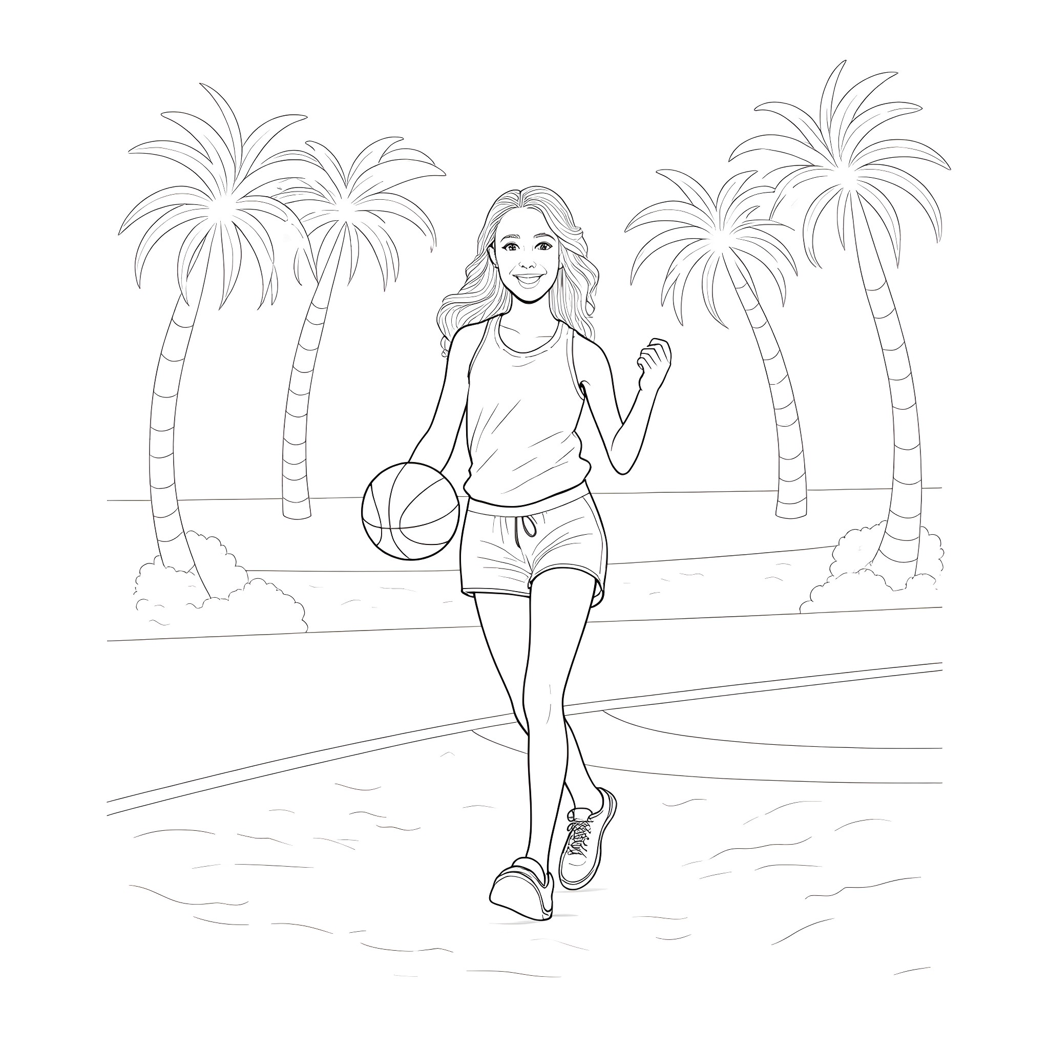 Caitlin Clark playing basketball on a tropical beach Coloring Page (free black-and-white line drawing printable PDF for all, from beginners to advanced learners, including children, teens, adults, and seniors)