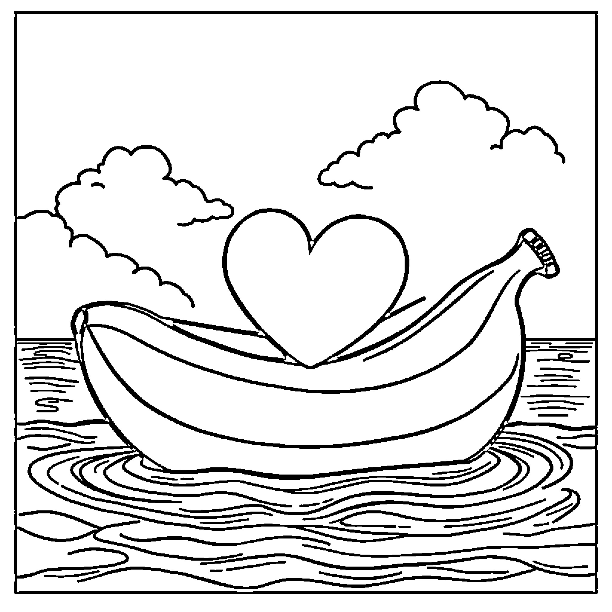Heart-shaped Banana Floating on Wavy Water Coloring Page (free black-and-white line drawing printable PDF for all, from beginners to advanced learners, including children, teens, adults, and seniors)