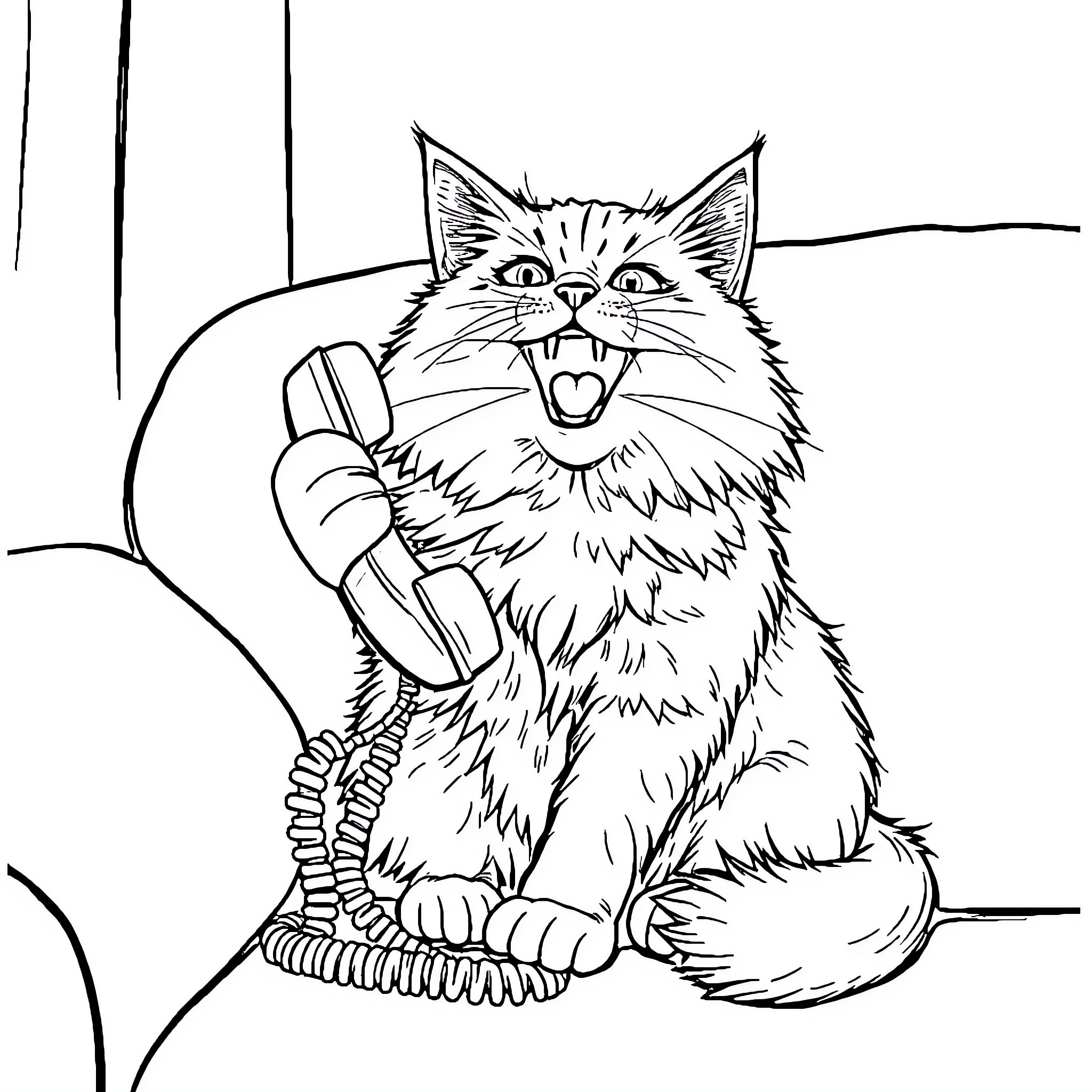 Cat talking on the telephone Coloring Page (free black-and-white line drawing printable PDF for all, from beginners to advanced learners, including children, teens, adults, and seniors)