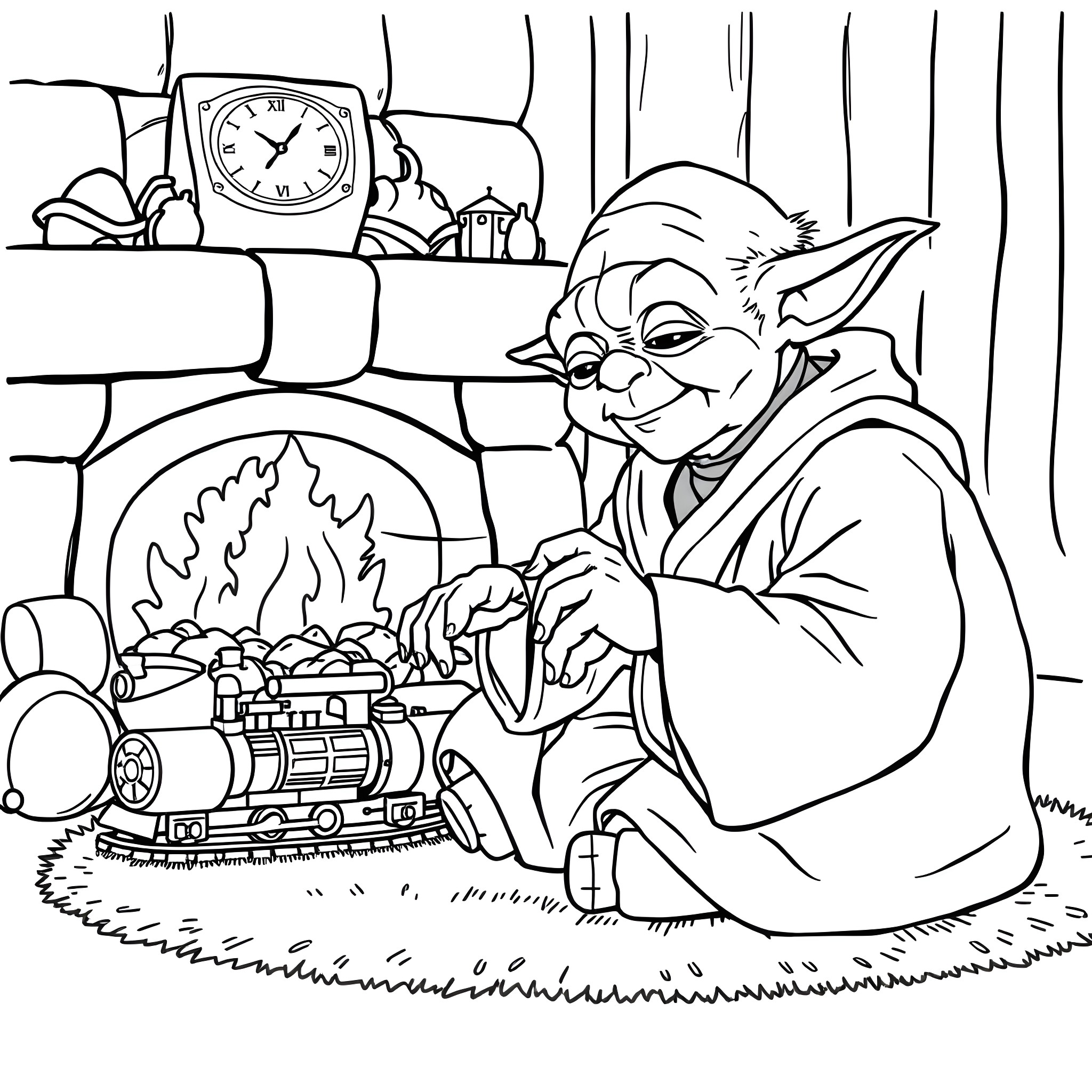 Yoda relaxing by the fireplace with a toy train Coloring Page (free black-and-white line drawing printable PDF for all, from beginners to advanced learners, including children, teens, adults, and seniors)
