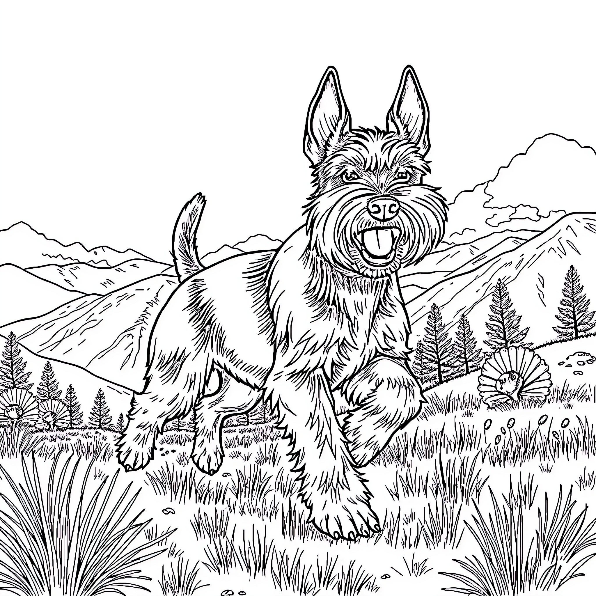 Perrita exploring the wilderness happily Coloring Page (free black-and-white line drawing printable PDF for all, from beginners to advanced learners, including children, teens, adults, and seniors)