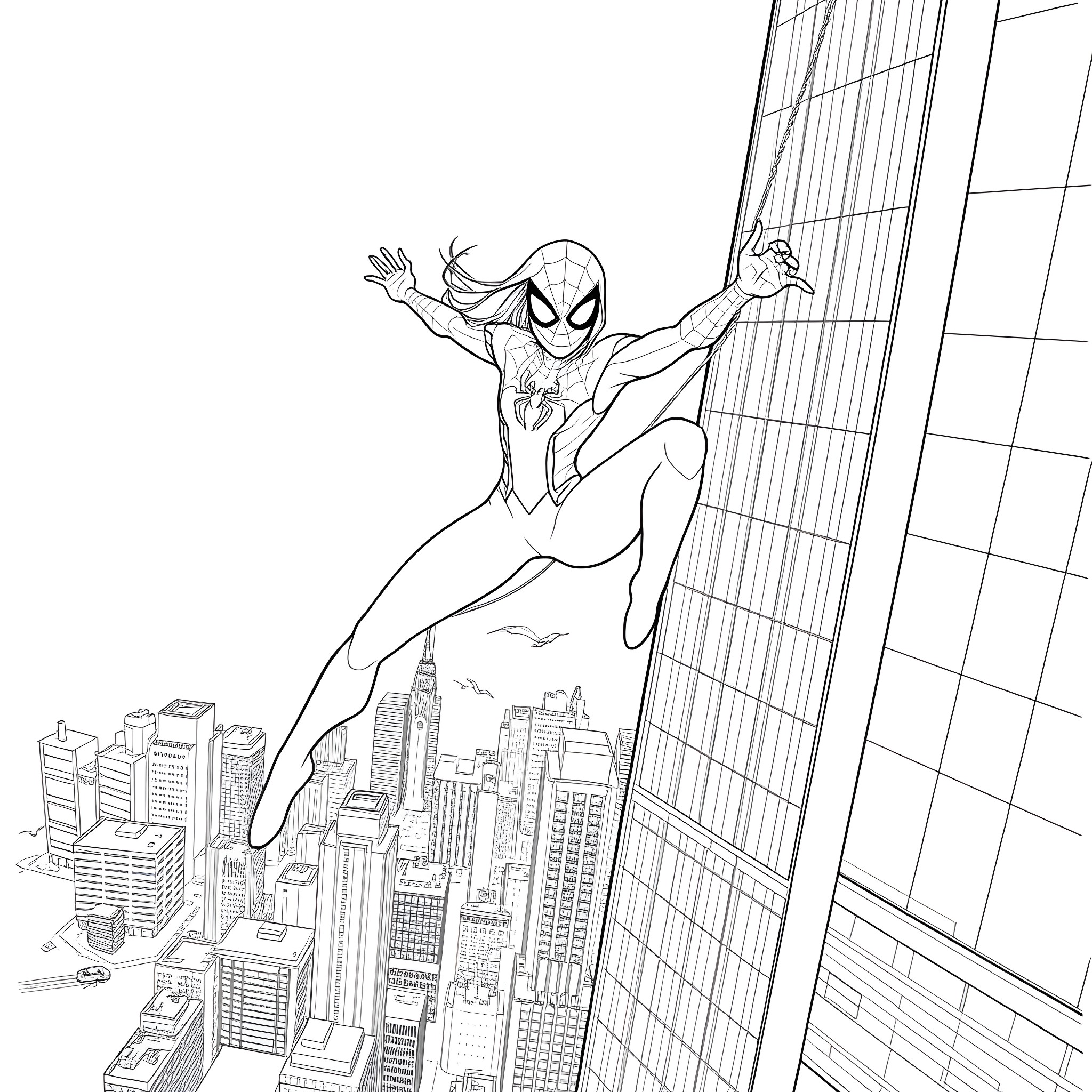 Spider Gwen leaping through the city skyline Coloring Page (free black-and-white line drawing printable PDF for all, from beginners to advanced learners, including children, teens, adults, and seniors)