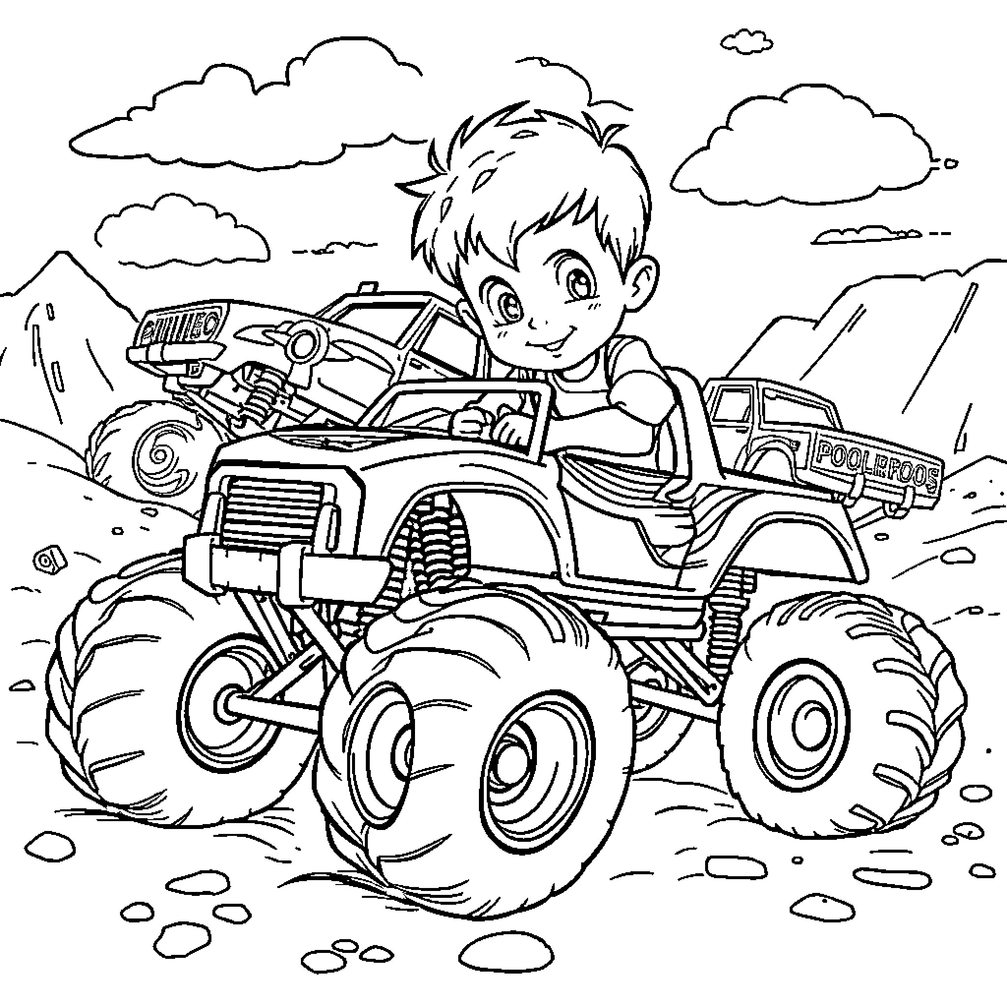 Colt's Adventure in the Monster Truck Coloring Page (free black-and-white line drawing printable PDF for all, from beginners to advanced learners, including children, teens, adults, and seniors)