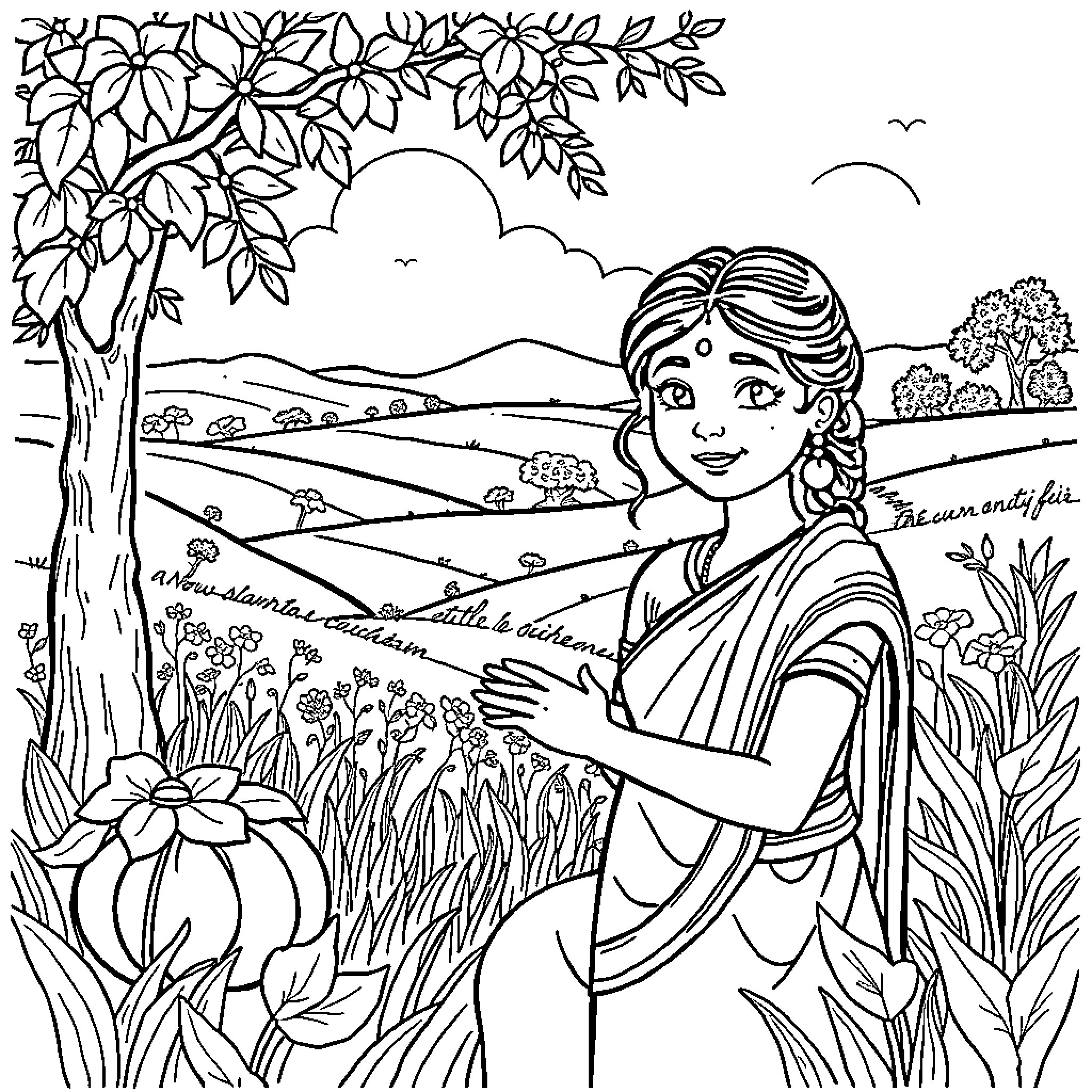 Tejimola's Tranquil Countryside Stroll Coloring Page (free black-and-white line drawing printable PDF for all, from beginners to advanced learners, including children, teens, adults, and seniors)