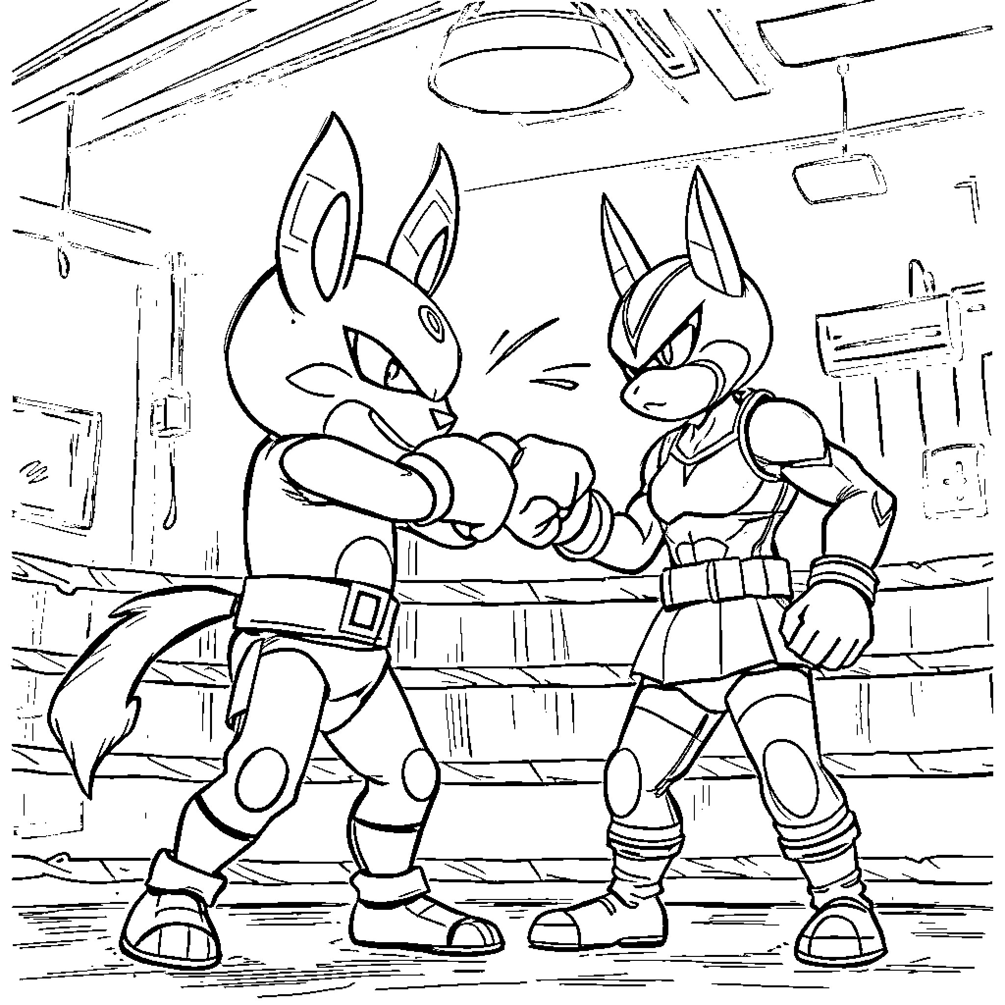 Hitmonchan Engaging in Hand-to-Hand Combat Coloring Page (free black-and-white line drawing printable PDF for all, from beginners to advanced learners, including children, teens, adults, and seniors)