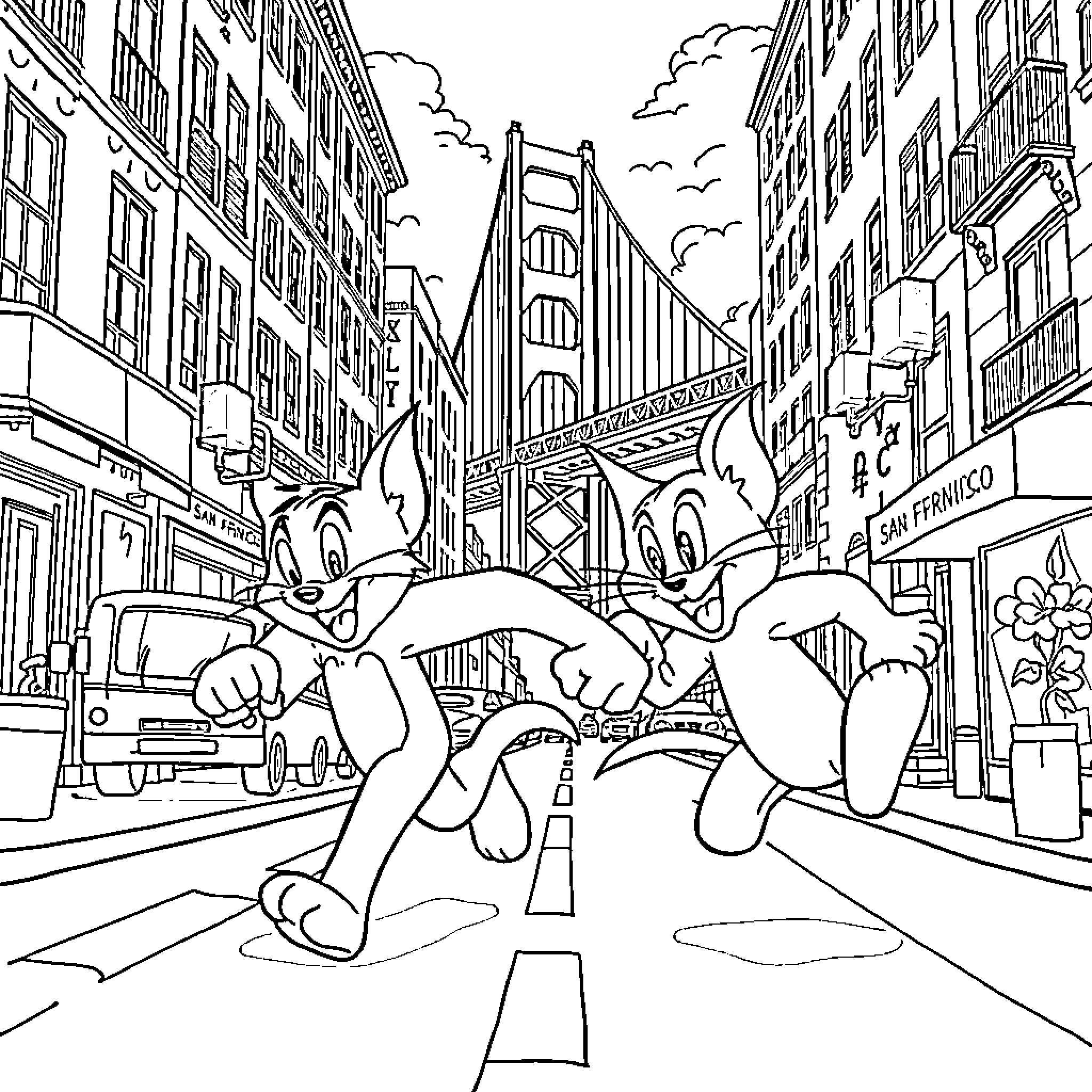 Tom and Jerry chasing through the city streets Coloring Page (free black-and-white line drawing printable PDF for all, from beginners to advanced learners, including children, teens, adults, and seniors)