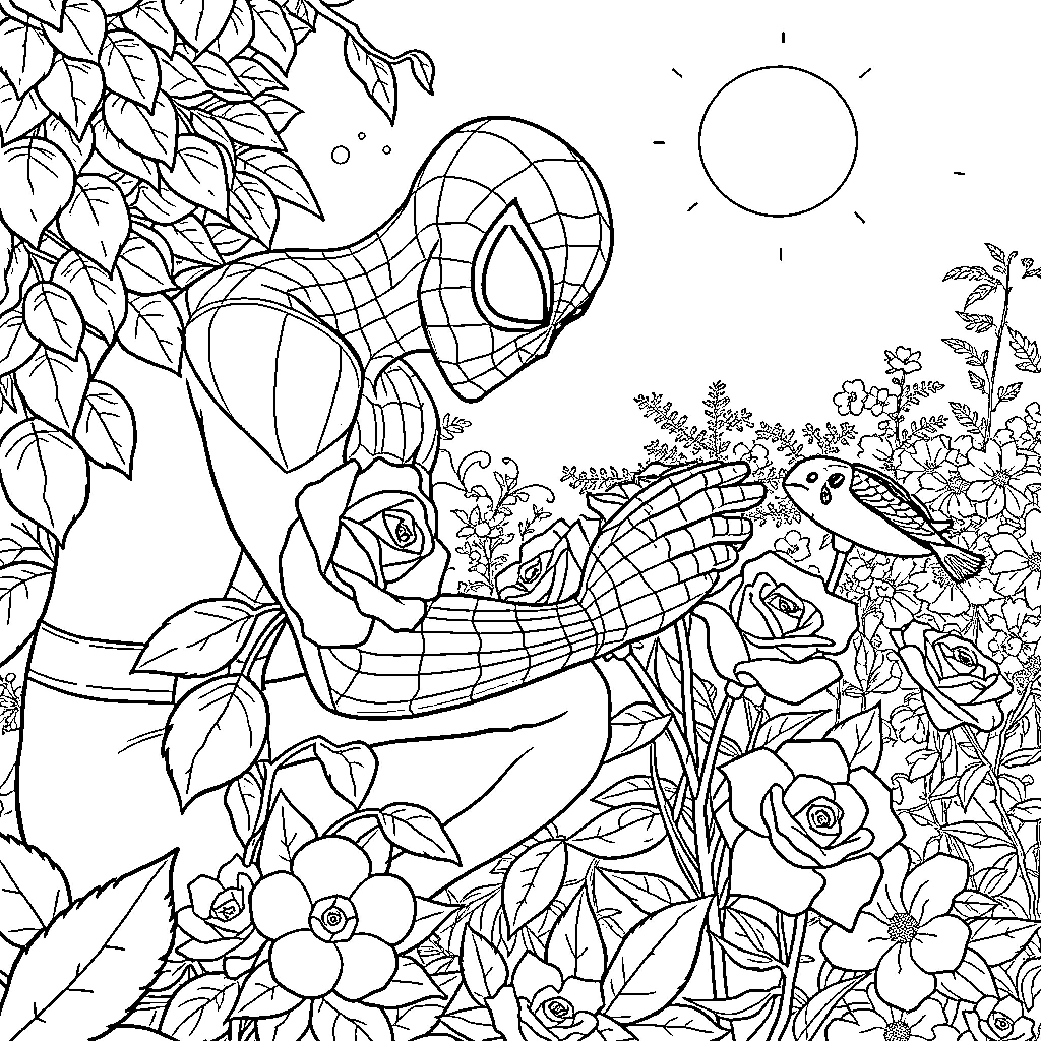 Spiderman Swinging through a Floral Wonderland Coloring Page (free black-and-white line drawing printable PDF for all, from beginners to advanced learners, including children, teens, adults, and seniors)