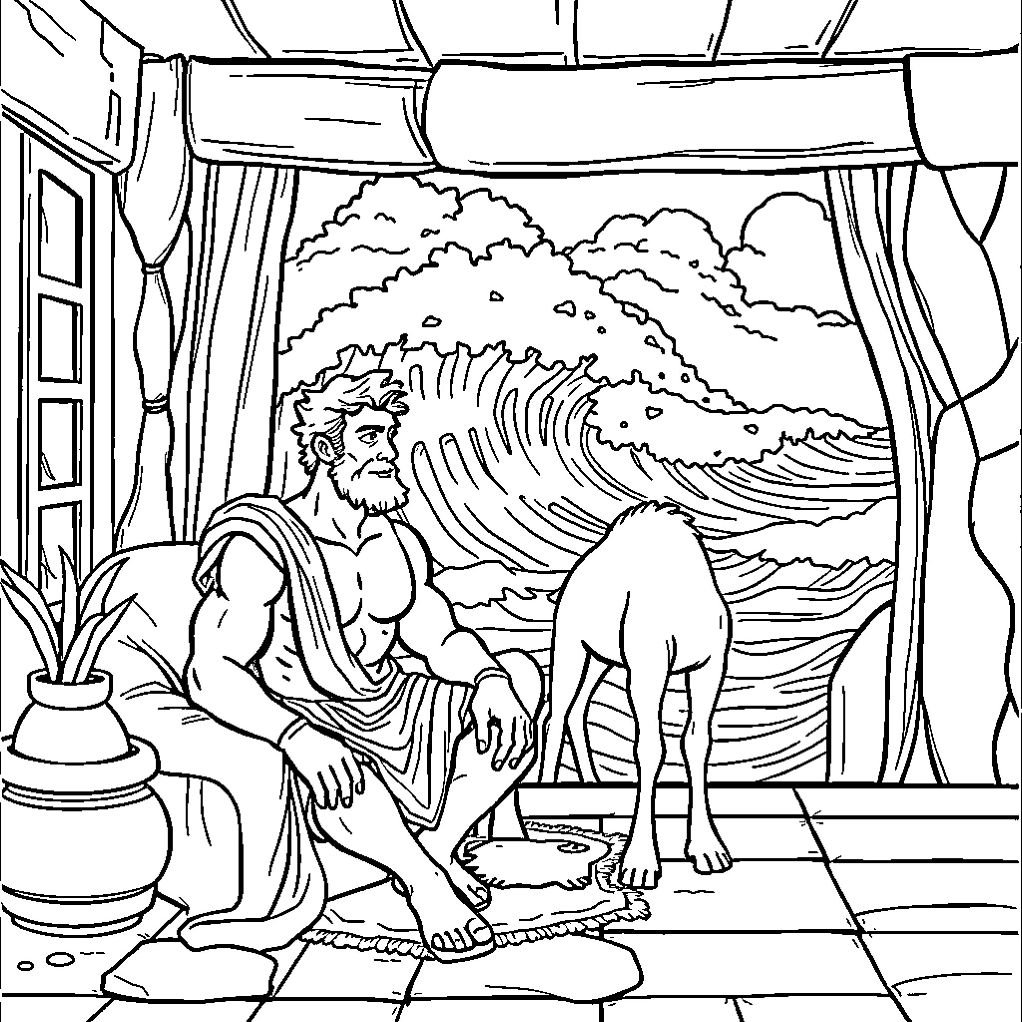 Hercules resting by the stormy sea with his trusted companion Coloring Page (free black-and-white line drawing printable PDF for all, from beginners to advanced learners, including children, teens, adults, and seniors)