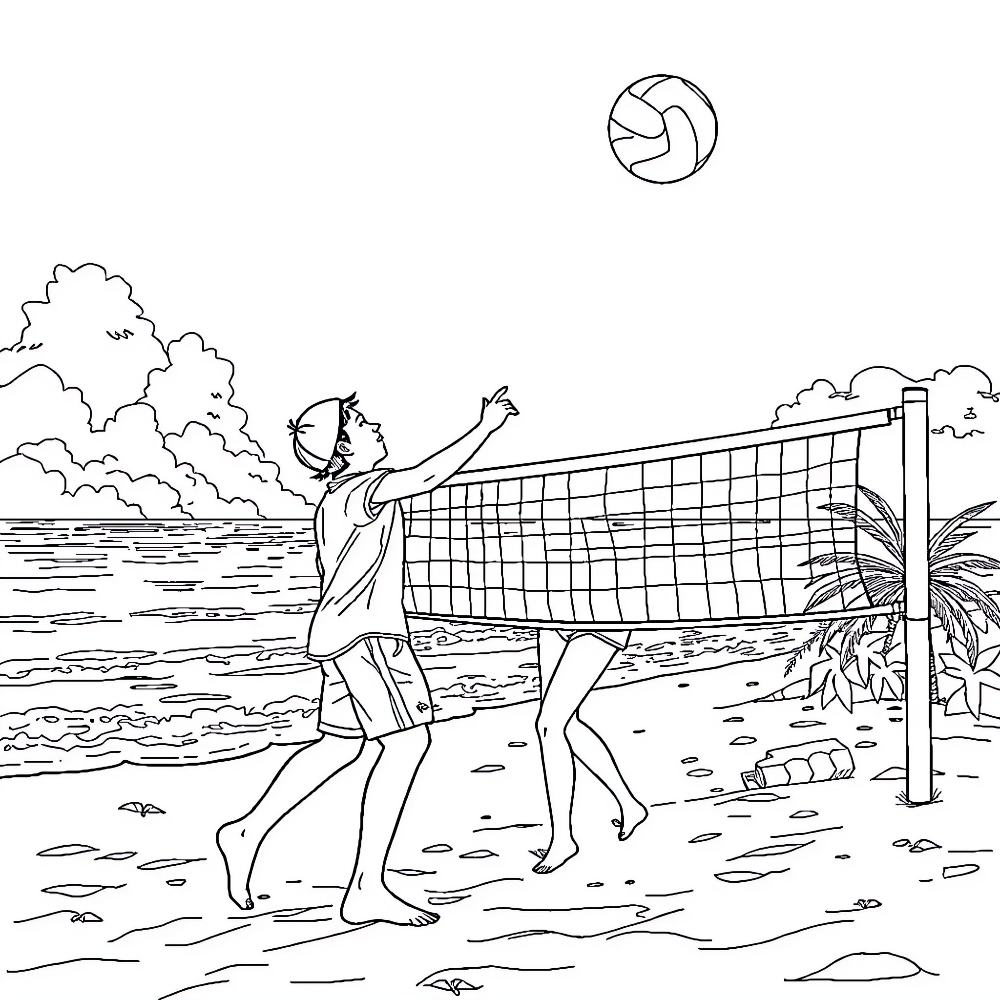 Orang playing beach volleyball on sunny day Coloring Page (free black-and-white line drawing printable PDF for all, from beginners to advanced learners, including children, teens, adults, and seniors)