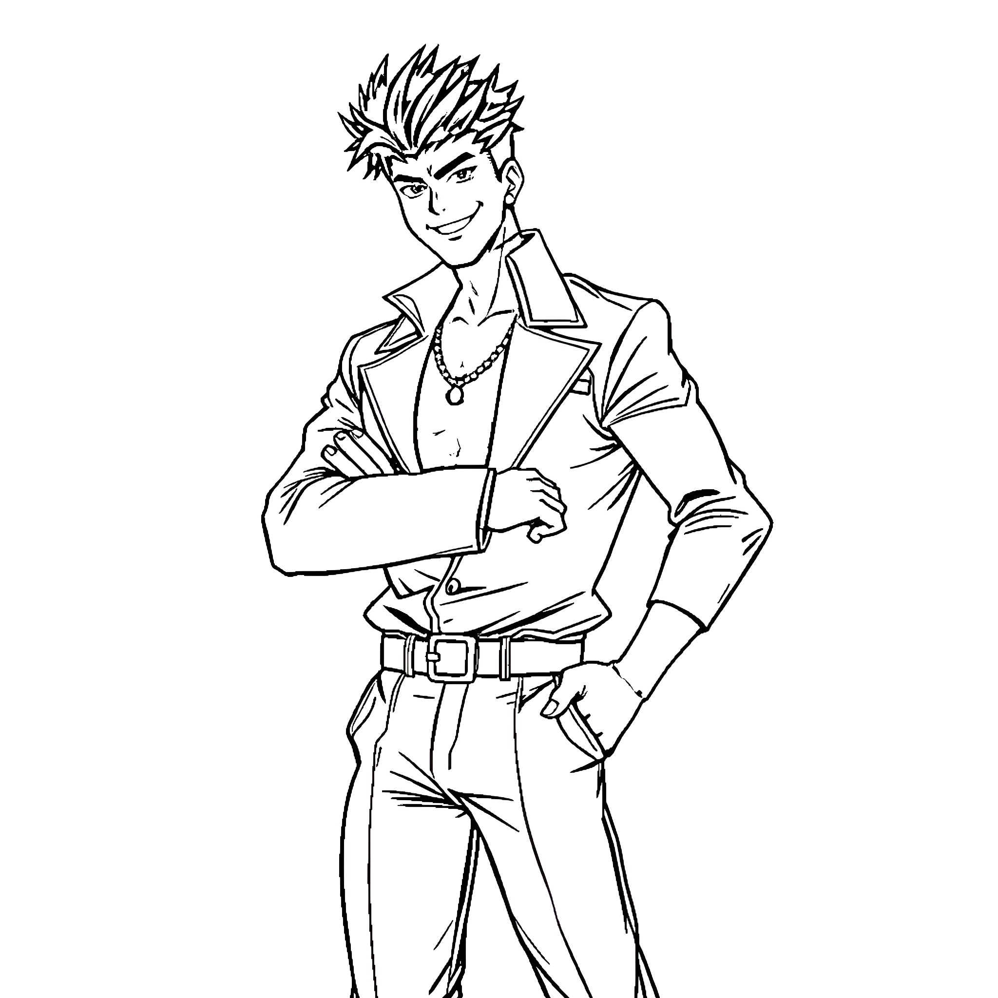 Josuke's Confident Appearance with Stylish Outfit Coloring Page (free black-and-white line drawing printable PDF for all, from beginners to advanced learners, including children, teens, adults, and seniors)