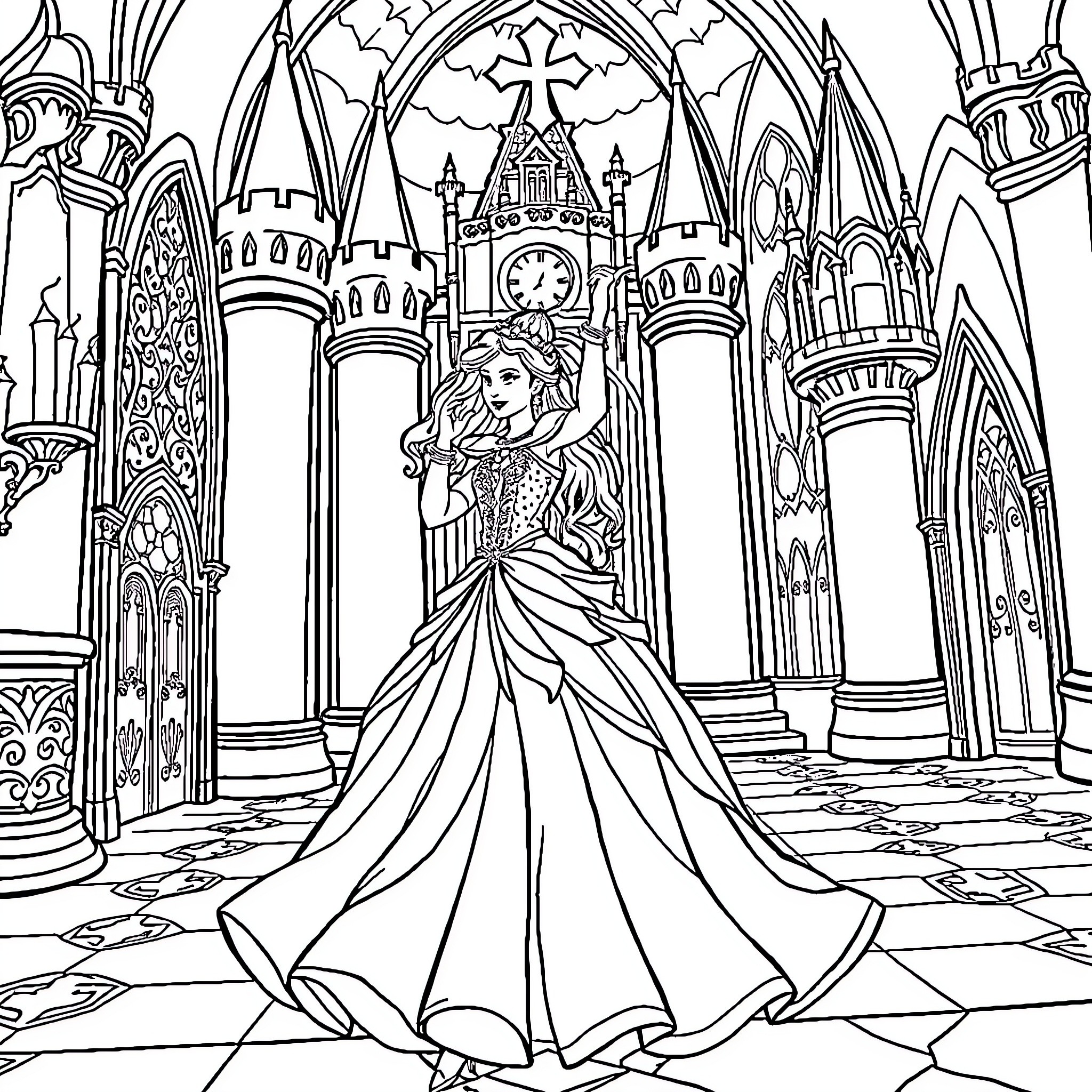 Princess in Elegant Gown Amid Ornate Castle Coloring Page (free black-and-white line drawing printable PDF for all, from beginners to advanced learners, including children, teens, adults, and seniors)
