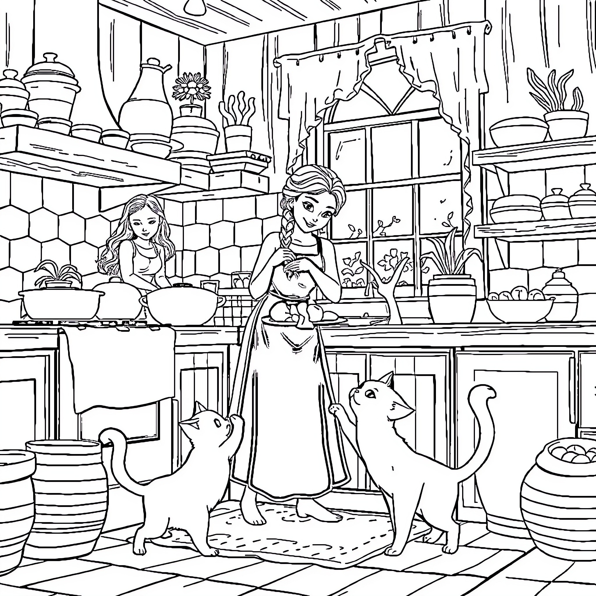 Elsa's Cozy Kitchen Adventure with Furry Friends Coloring Page (free black-and-white line drawing printable PDF for all, from beginners to advanced learners, including children, teens, adults, and seniors)