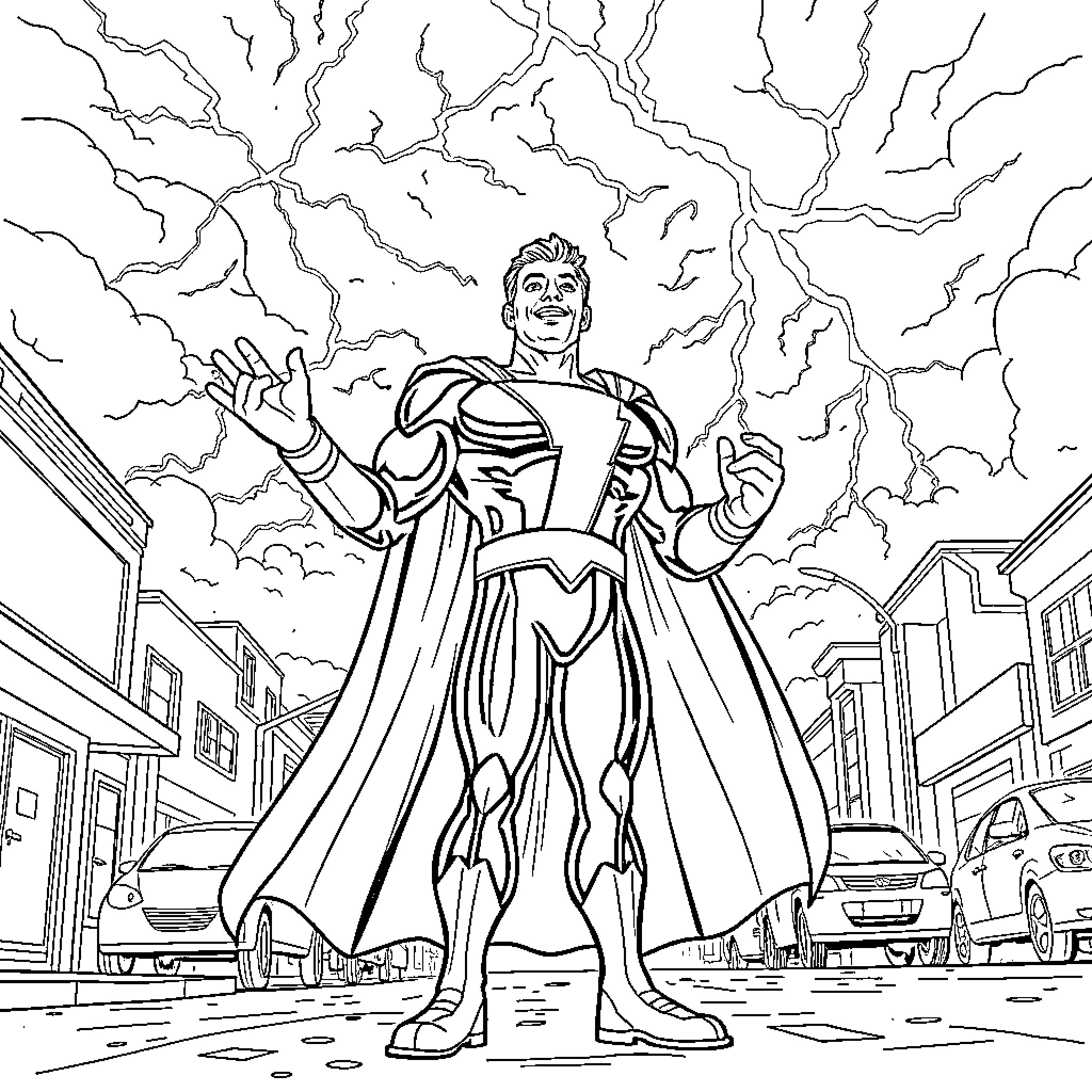 Shazam wielding his powers in the city Coloring Page (free black-and-white line drawing printable PDF for all, from beginners to advanced learners, including children, teens, adults, and seniors)